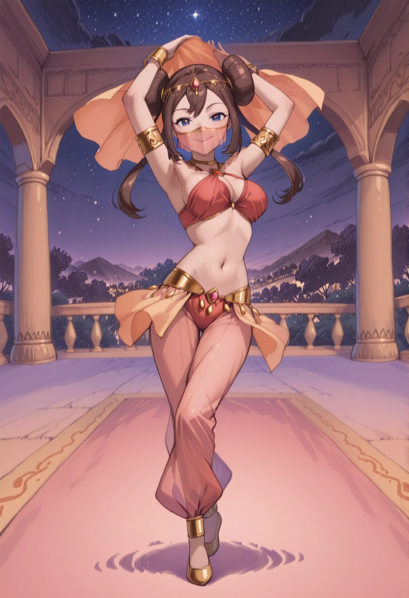 (1girl:1 . 5) , (Seul:1 . 5) , score_9 , score_8_haut , score_7_haut , source_anime , Official work , ultra-detailed , masterpiece , better quality , high resolution , beaux yeux , detailed eyes , Detailed face , beautiful detailed eyes ,Pokemon ORAS, Rosa,Arabian Clothes , Arabian Dancer ,belly dancer costume ,full body,golden jewelery,mouth veil,armlet, belly dancing,night,arabian garden,seductive smile, dancing with veil, dynamic movement,dance posture, pose