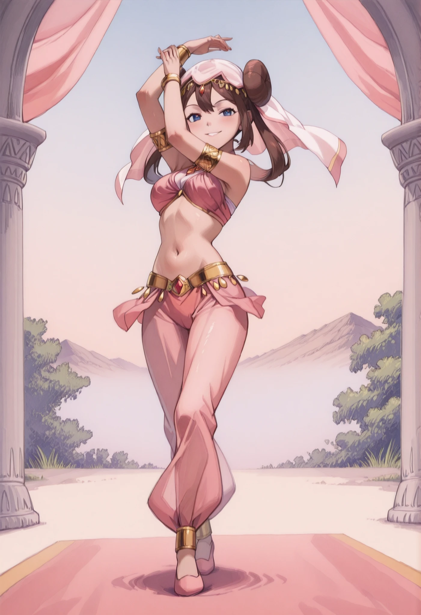 (1girl:1 . 5) , (Seul:1 . 5) , score_9 , score_8_haut , score_7_haut , source_anime , Official work , ultra-detailed , masterpiece , better quality , high resolution , beaux yeux , detailed eyes , Detailed face , beautiful detailed eyes ,Pokemon ORAS, Rosa,Arabian Clothes , Arabian Dancer ,belly dancer costume ,full body,golden jewelery,armlet, belly dancing,arabian garden,seductive smile, dancing with veil, dynamic movement,dance posture, seductive pose