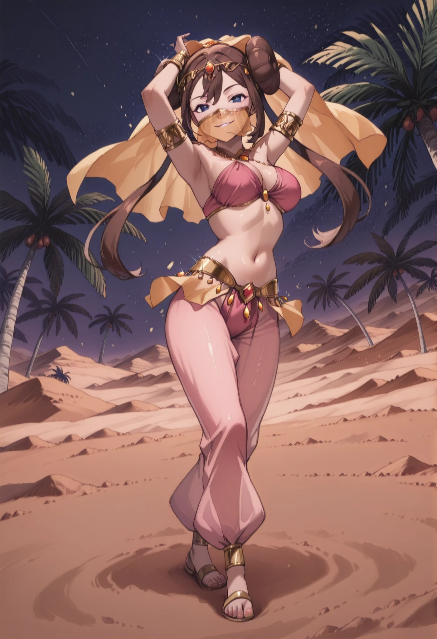 (1girl:1 . 5) , (Seul:1 . 5) , score_9 , score_8_haut , score_7_haut , source_anime , Official work , ultra-detailed , masterpiece , better quality , high resolution , beaux yeux , detailed eyes , Detailed face , beautiful detailed eyes ,Pokemon ORAS, Rosa,Arabian Clothes , Arabian Dancer ,belly dancer costume ,full body,golden jewelery,mouth veil,armlet, belly dancing,night,desert lands,palm tree,seductive smile, dancing with veil, dynamic movement,dance posture, pose