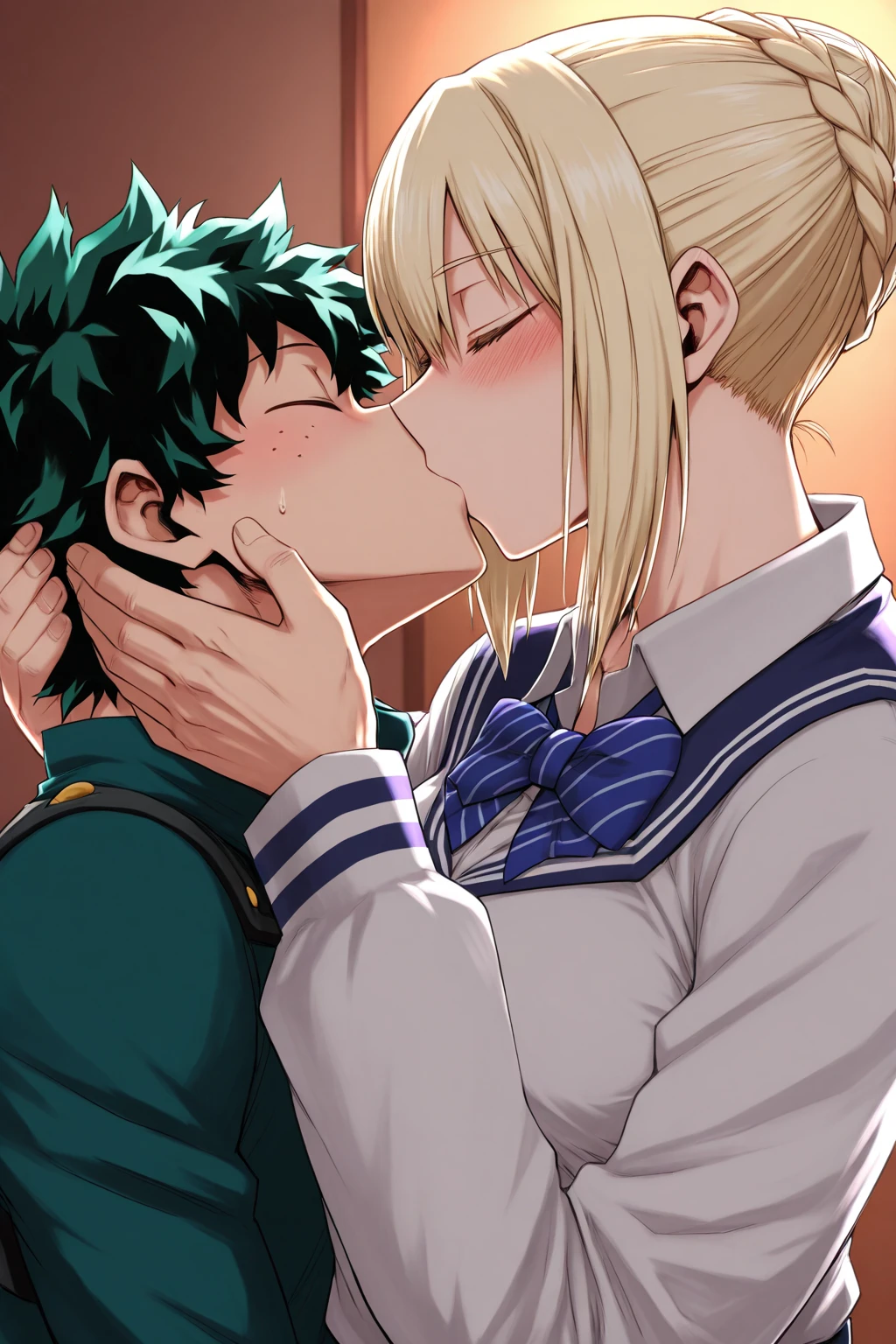 anime artwork, score_9, score_8_up, score_7_up, score_6_up, score_5_up, score_4_up, r,Camie Utsushimi, light brown hair, dark brown eyes,, breasts, , big breasts,  (school uniform:1.2), standing, cap, she is 24 years old,   wet whirt, ,horny, , , ,  style_3, 1boy, Izuku Midoriya,  kissing,  outdoors, raining,  blush, wet, dark atmoshpere, They are completely soaked, evening, gaps in the clouds, his hands on her hips, hugging, close-up