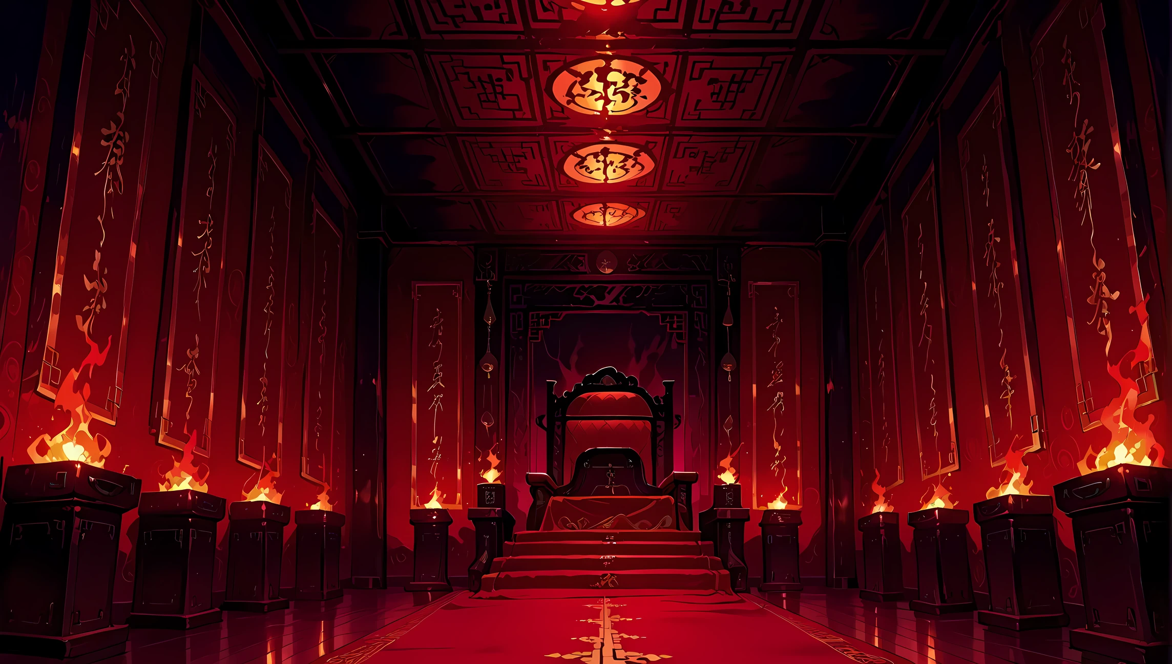 nothing, remove, no character, none, cleanManga adaptation, score_9, score_8_up the side, score_7_up the side, score_6_up the side, source_anime, anime screencap, hdr, sharp image, anime coloring, line art, best quality, masterpiece, official art, highres, absurdres, cinematic, amazing quality, 4K, 8K, wallpaper background, anime_coloring, wallpaper, extremely detailed, anime aesthetic wallpaper quality, aniwall, anime, aesthetic, 8k wallpaper, detailed, dark atmosphere, mysterious ambience, evil vibe, ominous mood, luxurious noble Chinese chamber, ancient imperial interior, decorated walls, carved wood, traditional Chinese ornaments, golden accents, red and black color tones, (imperial Chinese seat in focus:1.5), throne illuminated, flames on left and right, torches and braziers glowing, (firelight casting deep shadows), warm flickering light, low visibility background, mysterious chamber depth, shadows hiding detail