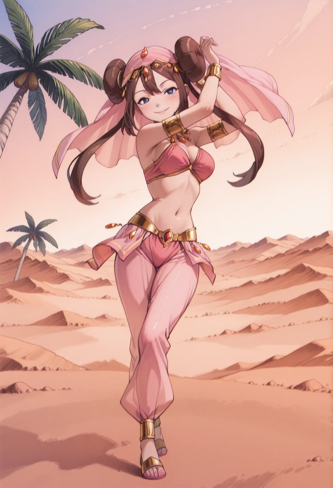 (1girl:1 . 5) , (Seul:1 . 5) , score_9 , score_8_haut , score_7_haut , source_anime , Official work , ultra-detailed , masterpiece , better quality , high resolution , beaux yeux , detailed eyes , Detailed face , beautiful detailed eyes ,Pokemon ORAS, Rosa,Arabian Clothes , Arabian Dancer ,belly dancer costume ,full body,golden jewelery,armlet, belly dancing,desert lands,palm tree,seductive smile, dancing with veil, dynamic movement,dance posture, pose