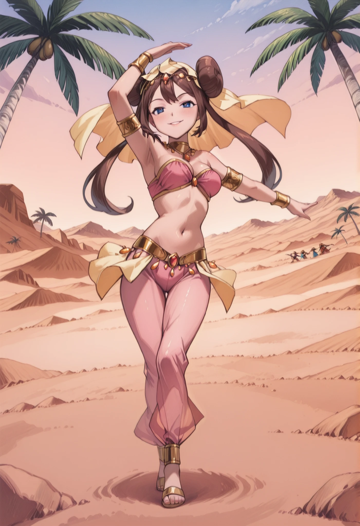 (1girl:1 . 5) , (Seul:1 . 5) , score_9 , score_8_haut , score_7_haut , source_anime , Official work , ultra-detailed , masterpiece , better quality , high resolution , beaux yeux , detailed eyes , Detailed face , beautiful detailed eyes ,Pokemon ORAS, Rosa,Arabian Clothes , Arabian Dancer ,belly dancer costume ,full body,golden jewelery,armlet, belly dancing,desert lands,palm tree,seductive smile, dancing with veil, dynamic movement,dance posture, pose