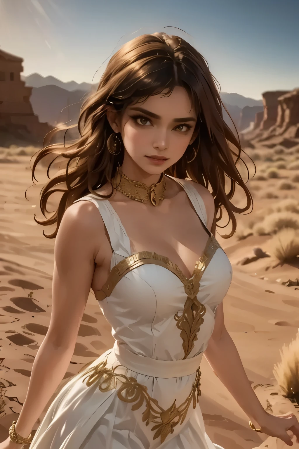 a desert dancer, an elegant woman in flowing garments performing a graceful dance in the middle of a vast desert landscape, with warm golden light, dramatic shadows, intricate details, 4K, HDR, ultra-detailed, photorealistic, vibrant colors, cinematic lighting