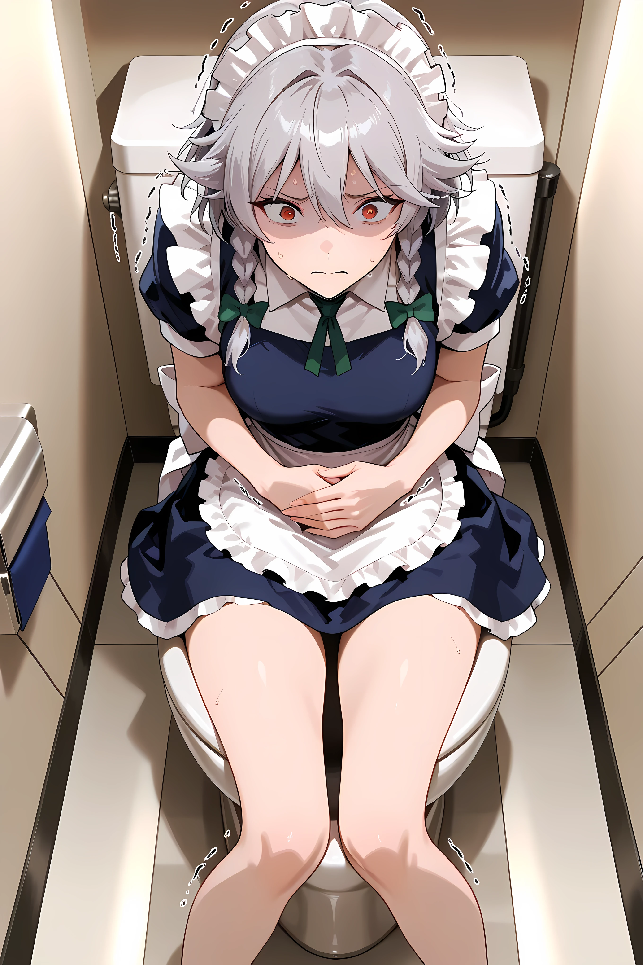 bow, dress, maid, maid headdress, parody, red eyes, short sleeves, Sakuya, general, masterpiece, highres, ultra-detailed, hyper-detailed, best quality,  amazing quality, very aesthetic, best hands, best eyes, best hand
adult woman, 1Woman, Sitting on a toilet,  hand on own stomach, sweat,  leaning forward, nervous, scared, trembling legs, 
beige European cubicle, proportional, from above, Seeing the whole lower body, uncensored, pussy, bare leg
