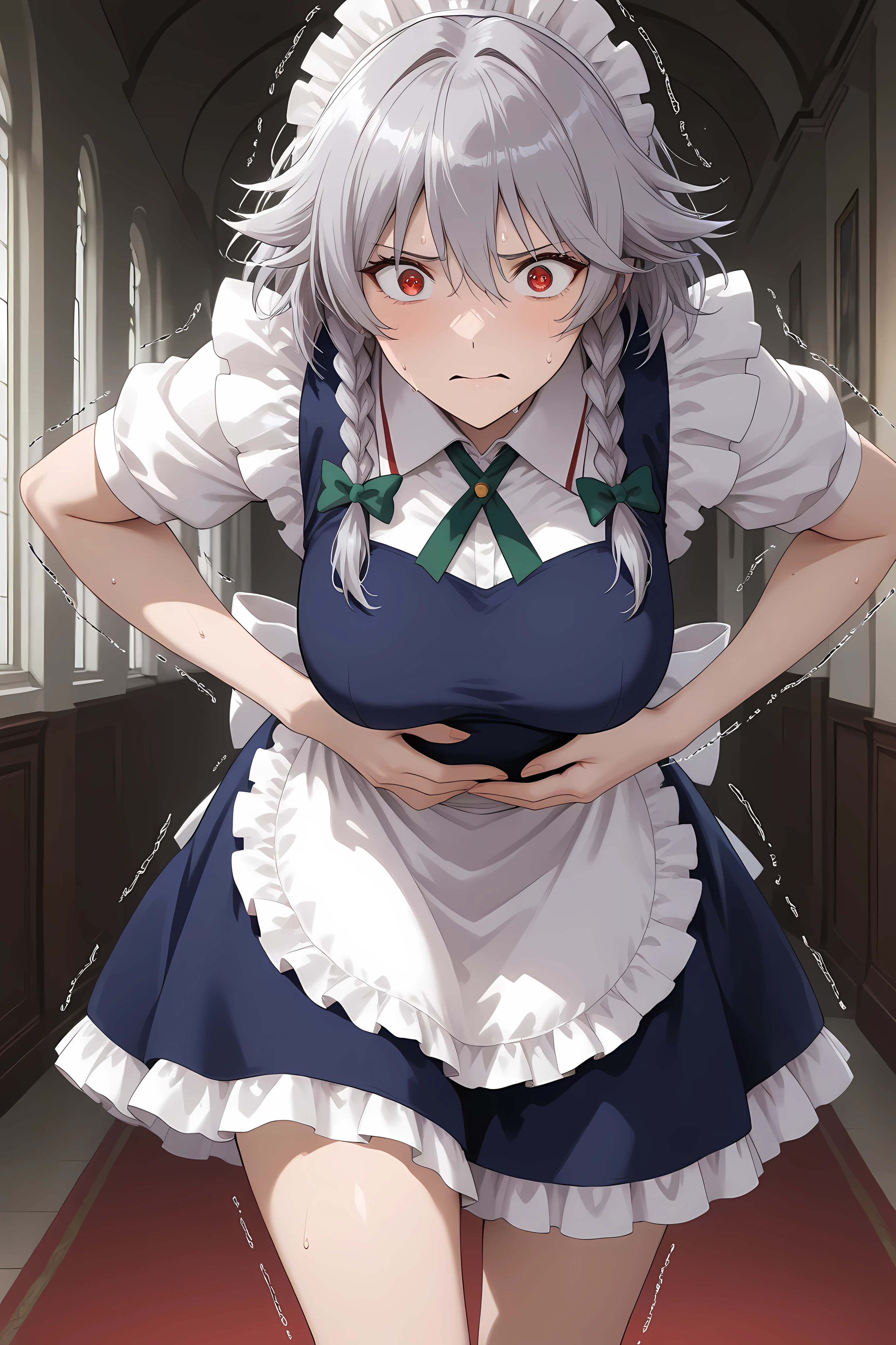 bow, red eyes, dress, maid, maid headdress, parody, short sleeves,Sakuya,general, masterpiece, highres, ultra-detailed, hyper-detailed, best quality, amazing quality, very aesthetic, best hands, best eyes, best hand
adult woman, 1woman, hand on own stomach, sweat, leaning forward, nervous, scared, trembling legs, European style mansion huge hallway