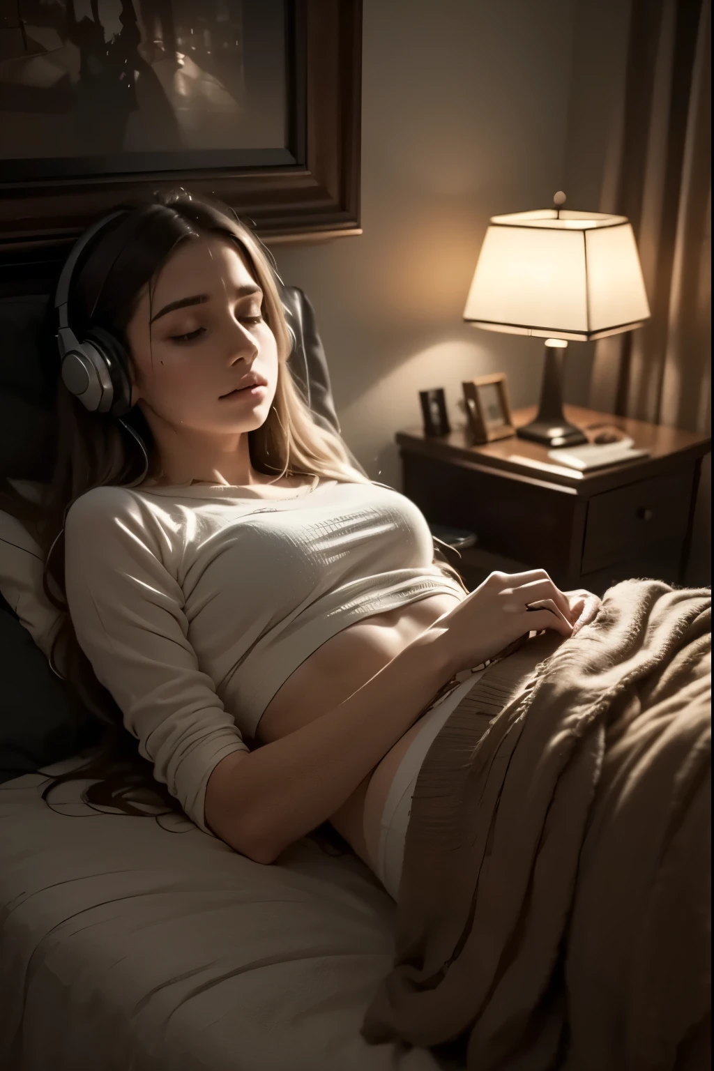 Bedroom at Night She lies on her bed, lights off, headphones on, staring at the ceiling. The music shields her from the weight of the day. Create a realistic scene.