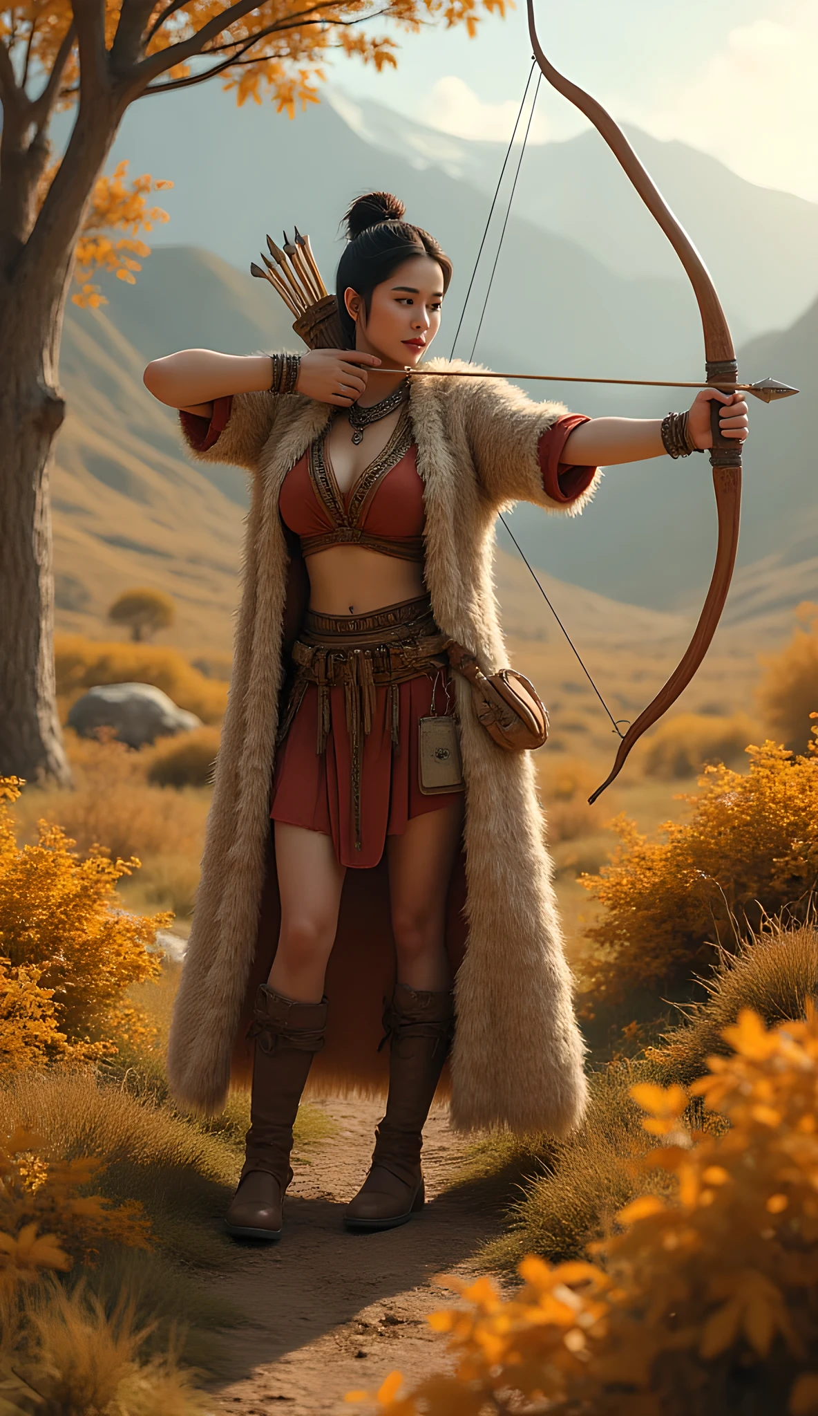 Ancient prehistoric age era, 
(Stone civilization age era:1.6), 

((Realistic cinematography ultra-wide depth intense stunning lots of realistically ultra-detailed savana angle of scenery)),primitive bow and arrows,the detailed of an Eurasian female archer holding-aiming and pulling a realistic intricately string of primitive bow and arrow weapon,,a sharp stone tip on an arrow, (within densely ultra intricately on the foreground),(archers community),((a dynamic archery stance)),wearing fully coverage long fur primitively fabric long kimono👘 and long coat primitive wardrobe robe dress,,,(perfectly depth symmetrically curvy form, and busty body shapely),(cinematic dynamically camera widely angle scenery:accurately depicted:1.3),the lively prehistoric savana depicting scenery,afternoon,realistically full depth,(cinematography dynamic angle|hyperrealistic:realistic scenery:3d texture over the scenery),autumn season,best videography angle,hdr,golden hour, (cinematography vibe),primitive wardrobe,(dynamic image composition),(octane 3d rendering|50mm lens shot:1.3),(lifelike skin texture:lifelike hairs:realism),(best rule of third photography composition),(best image aperture),(full details depth of field),(best shutter speed),(RAW photo image),(photorealistic|photorealism:hyperrealism style),(realistic depth 3d:cgi:1.3),(trending on cgsociety:devianart:unreal engine 5),,(best photography:national Geographic style), solarPunkAi and greenPunkAi artwork, digital art,best lighting concept,(realistic intricately fixed truly fully human's anatomy body+hands+and+fingers anatomical),natural motion,inspired by farcry5 game artwork.