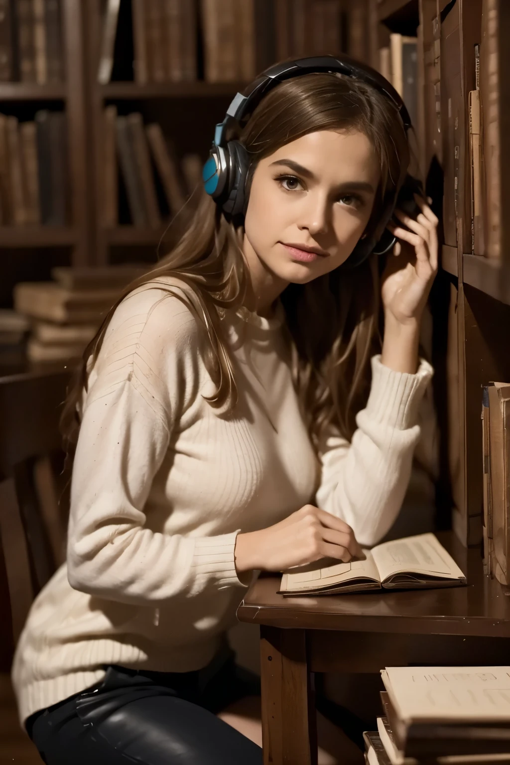 Library Corner Among rows of books, she’s curled up in a corner with headphones in, blocking out whispers and page turns. Render a realistic setting.
