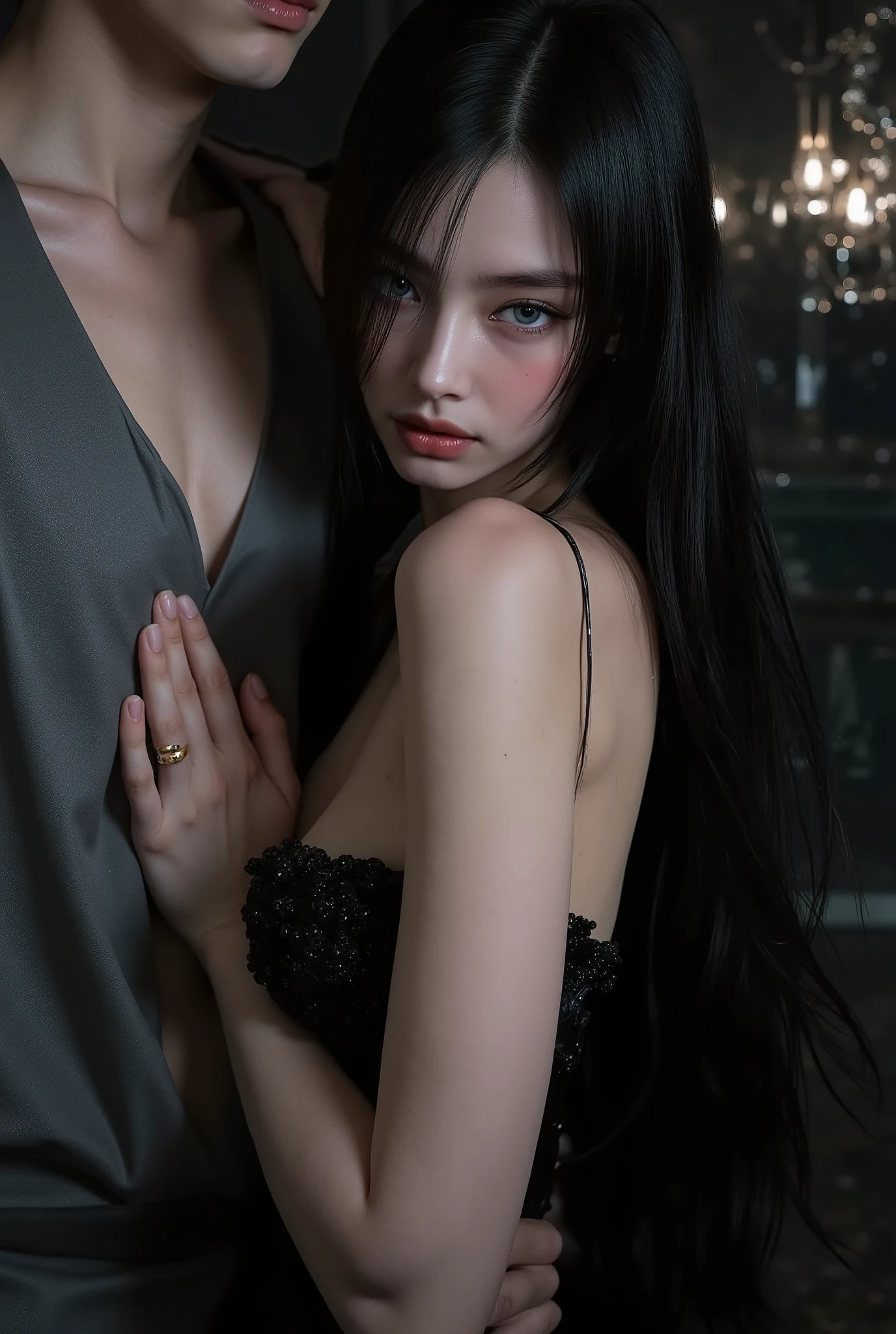 An incredibly beautiful young femme fatale, with long hair, straight and black, long straight bangs, and sapphire blue eyes. She doesn't wear makeup. She wears a simple revealing dress that embraces her large breasts and has a submissive expression on her face. A un lado de ella está un hombre alto with long hair y lacio blanco, long straight bangs, blue eyes, with a unique pose with her against the wall. Her left hand rests on her neck. Her face is turned back, as if she were resisting the man. It's nighttime now. the atmosphere is romantic and sensual. romantic tension. sexual tension. human skin. real people.