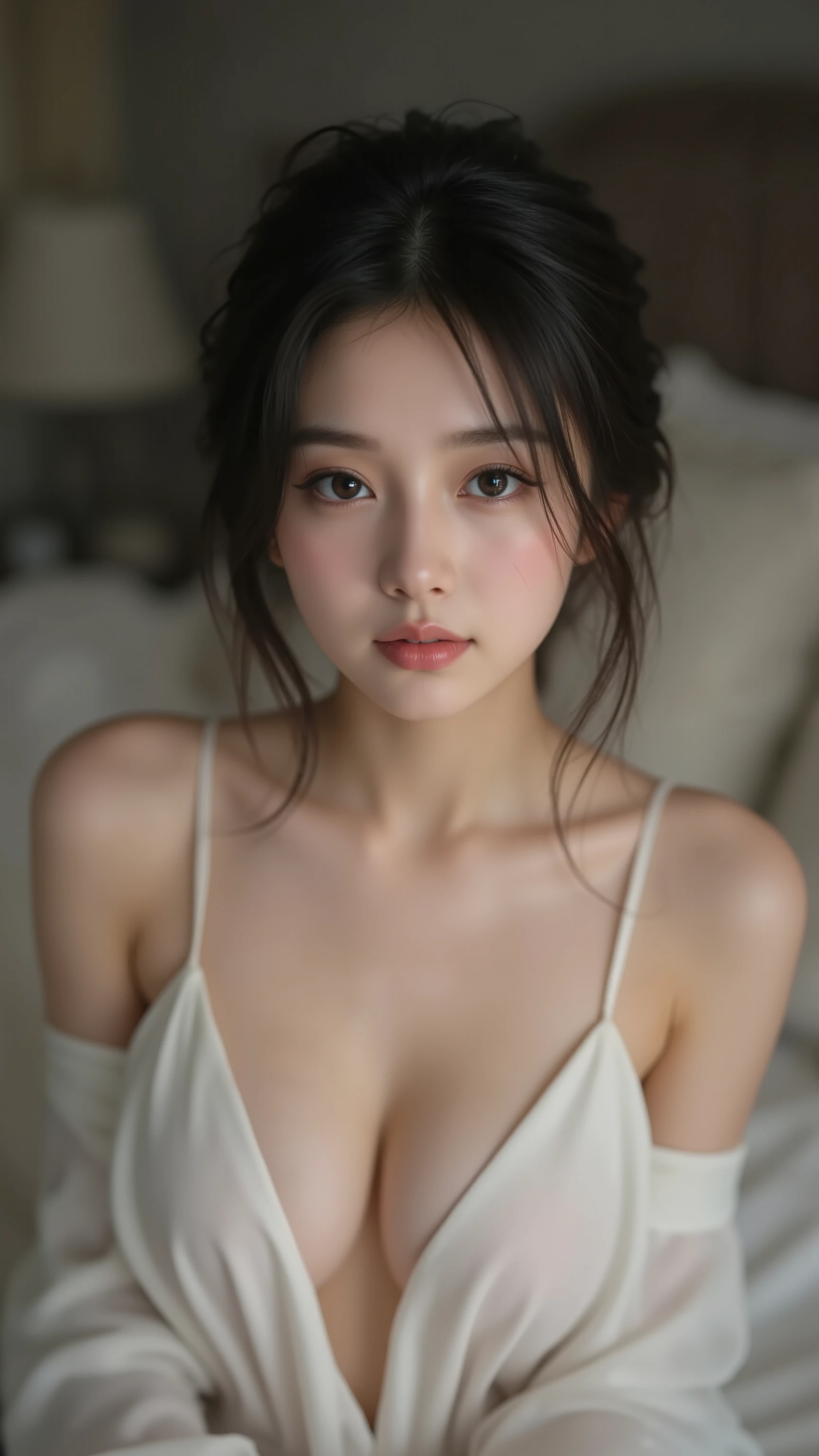 Beautiful girl sitting across the viewer, Looking from above, sexy expression, 8K, Bedroom