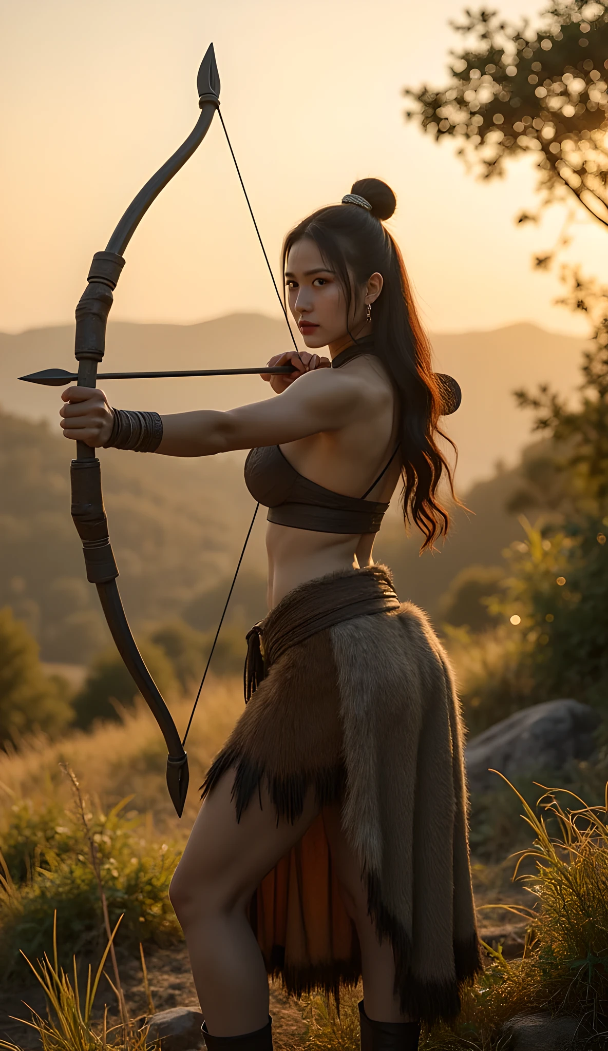 Ancient prehistoric age era, 
(Stone civilization age era:1.6), 

((Realistic cinematography ultra-wide depth intense stunning lots of realistically ultra-detailed savana angle of scenery)),primitive bow and arrows,the detailed of an Eurasian female archer holding, aiming and pulling a realistic intricately string of primitive bow and arrow weapon,intricately a bow and arrow weaponry,a sharp stone tip on an arrow, (within densely ultra intricately on the foreground),(archers community),((a dynamic archery stance)),wearing fully coverage, long fur primitively fabric long kimono 👘and long coat primitive wardrobe robe dress,,,(perfectly depth symmetrically curvy form, and busty body shapely),(cinematic dynamically camera widely angle scenery:accurately depicted:1.3),the lively prehistoric savana depicting scenery,afternoon,realistically full depth,(cinematography dynamic angle|hyperrealistic:realistic scenery:3d texture over the scenery),autumn season,best videography angle,hdr,golden hour, (cinematography vibe),primitive wardrobe,(dynamic image composition),(octane 3d rendering|50mm lens shot:1.3),(lifelike skin texture:lifelike hairs:realism),(best rule of third photography composition),(best image aperture),(full details depth of field),(best shutter speed),(RAW photo image),(photorealistic|photorealism:hyperrealism style),(realistic depth 3d:cgi:1.3),(trending on cgsociety:devianart:unreal engine 5),,(best photography:national Geographic style), solarPunkAi and greenPunkAi artwork, digital art,best lighting concept,(realistic intricately fixed truly fully human's anatomy body+hands+and+fingers anatomical),natural motion,inspired by farcry5 game artwork.