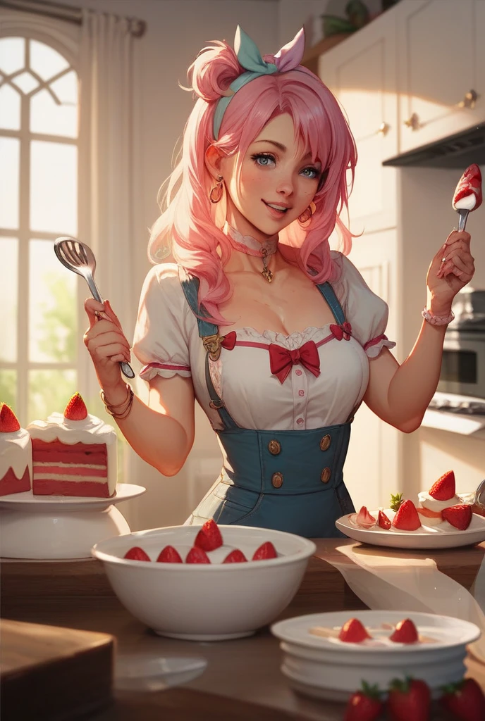 masterpiece,best quality,cowboy shot,solo,1girl,mlppinkiepie,smile:0.5,looking at viewer, lace ?????, garters, stockings, ???????, mini apron, exposed ???????, sitting on the counter in a bakery, indoors, leaning forward, seductive, holding a mixing spoon with frosting, frosting on ???????, ??????? showing, ??????? body, ?????