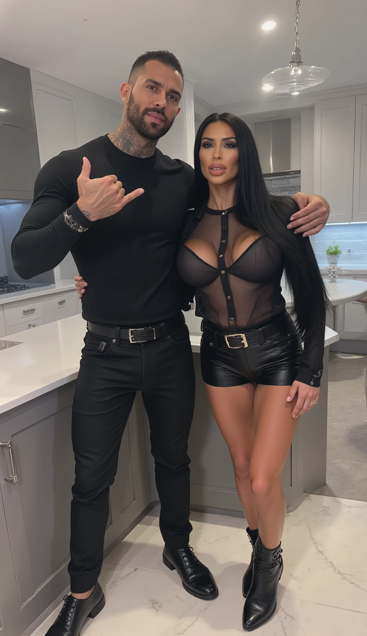 Kim Kardashian with long straight black hair in a black Durchsichtige Shirt with collar and buttons und großen Dekolleté, wide black belt , in very tight black Leder Minirock , Kim is wearing black Stiefel ,Kim is standing in a modern kitchen, Kim stands on white tiles, Kim is leaning against a cooking island , , Kim is at the center of the picture, ( Full body shot of Kim ) Kim guckt aggressiv , Standing next to Kim is a tall Muscular African man, Kim is only half as tall as the man