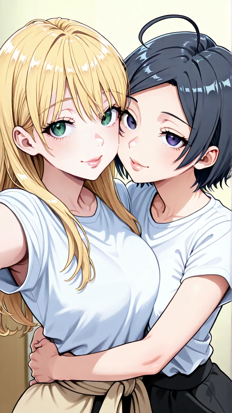 Two girls kiss while sitting on top of bicycles, dolphin shorts
