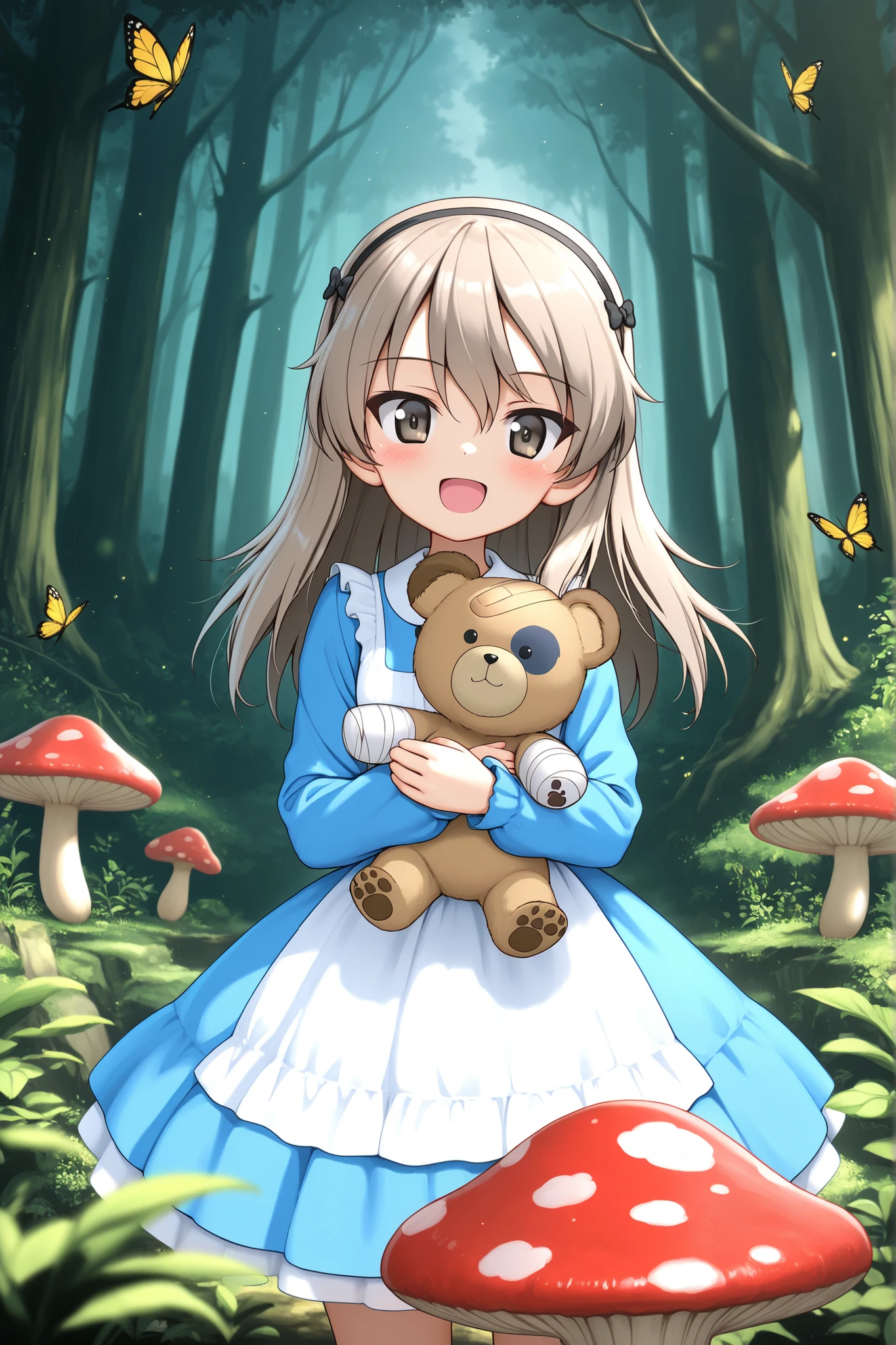 masterpiece, character, Girls Und Panzer, arisu shimada \(girls und panzer\), Alice dress, happy, holding Boko bear, giant mushroom, fairytale forest, butterflies