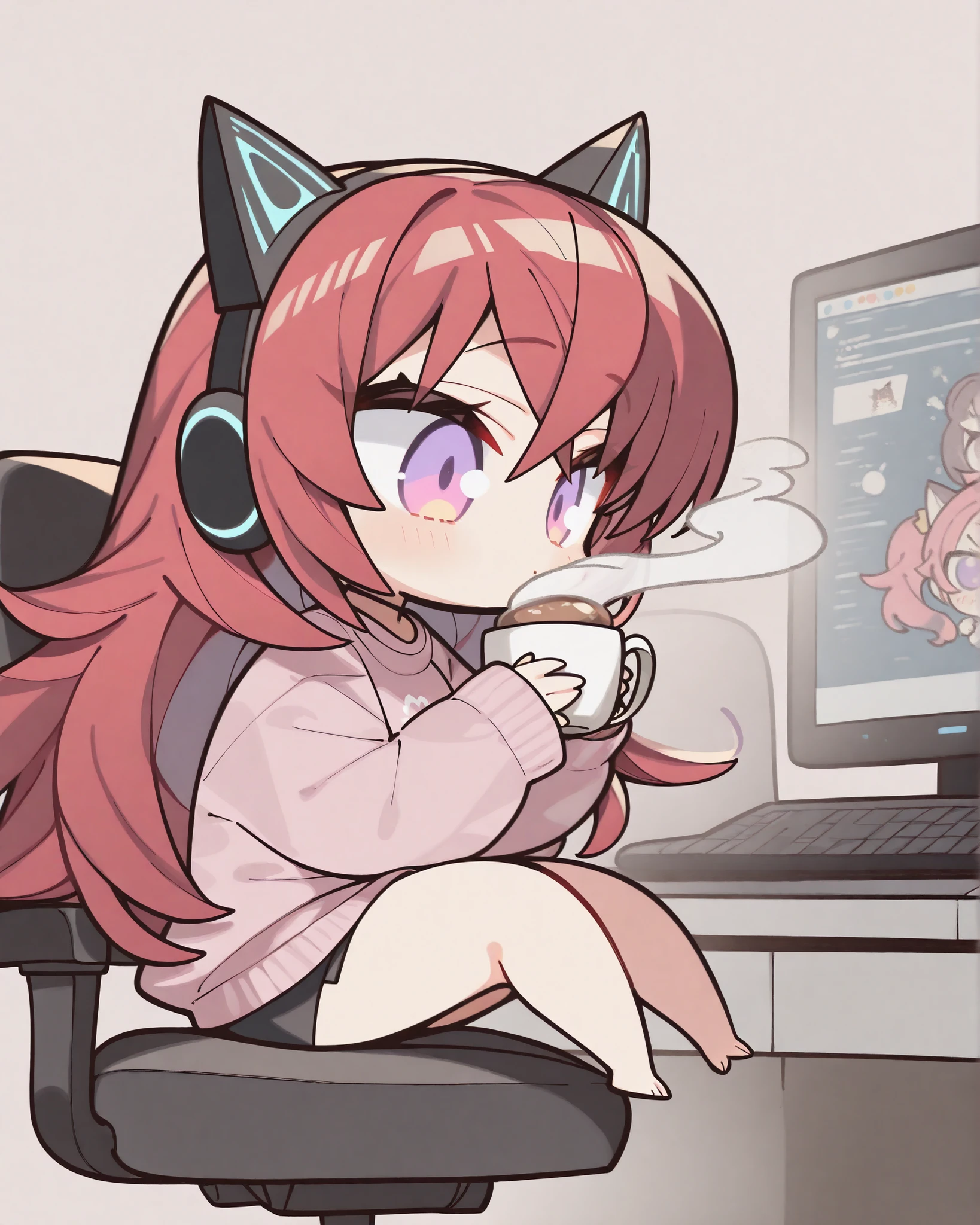 chibi, side angle, (masterpiece, 4k, ultra detailed, vivid and warm colors), {chibi}:(a very cute chibi woman, expressive purple eyes, long red hair, wearing a cat ears headset, a pastel pink sweatshirt with a print of a sleeping cat, the sweatshirt is long and goes to the beginning of the thigh, underneath she wears short black shorts that barely show, barefoot, she holds a cup of hot chocolate with both hands close to her face, smoke rising, sitting with her feet resting on the office chair in which she is sitting), a computer screen illuminates the image perfectly creating shadows in the closed room environment
