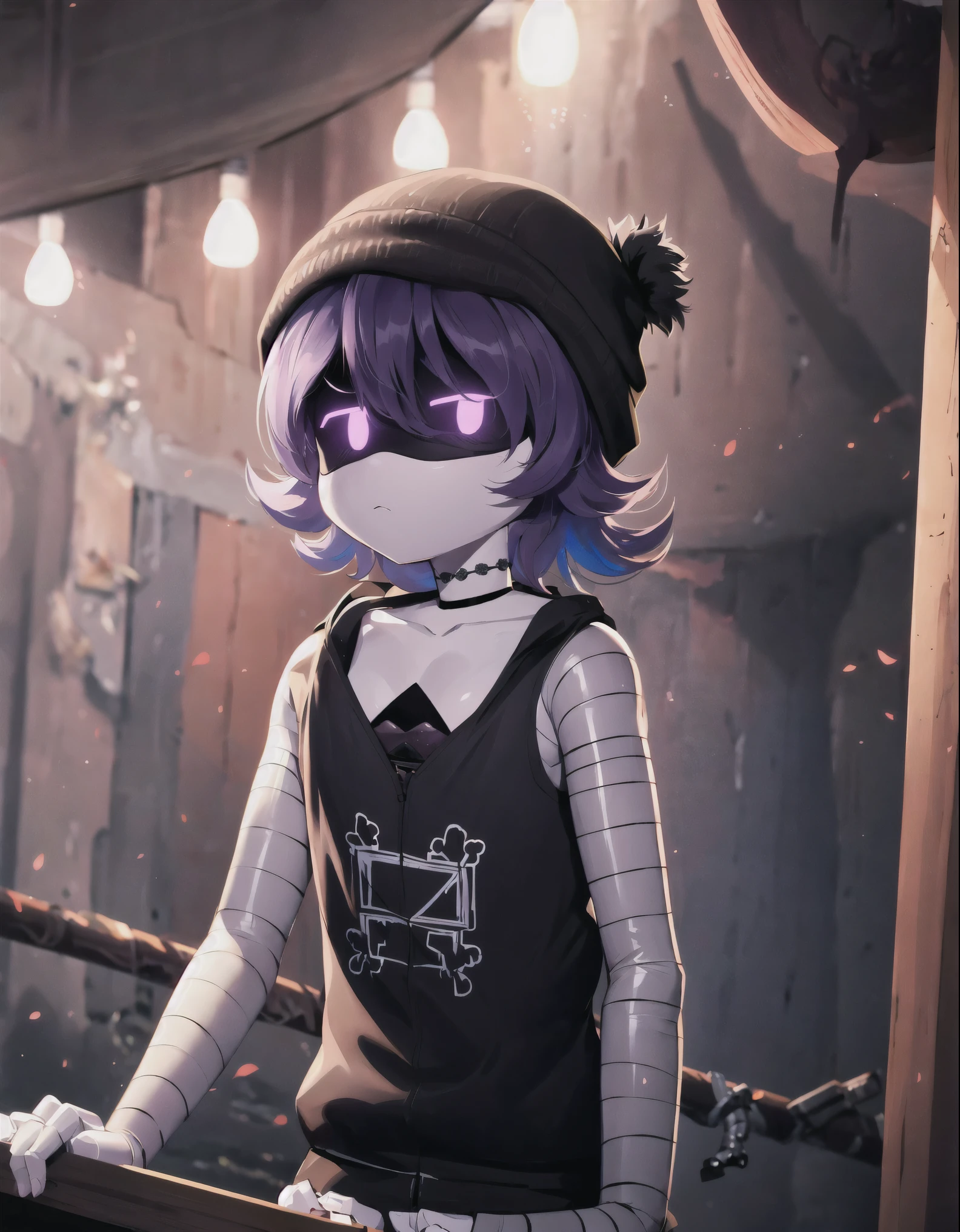 high resolution,masterpiece,uzi,black tank top,solo,black choker,necklace,beanie hat,closed mouth,<lora:uzi:1>,facing viewer,cowboy shot,forest,dynamic lighting,embellishments,shiny skin,