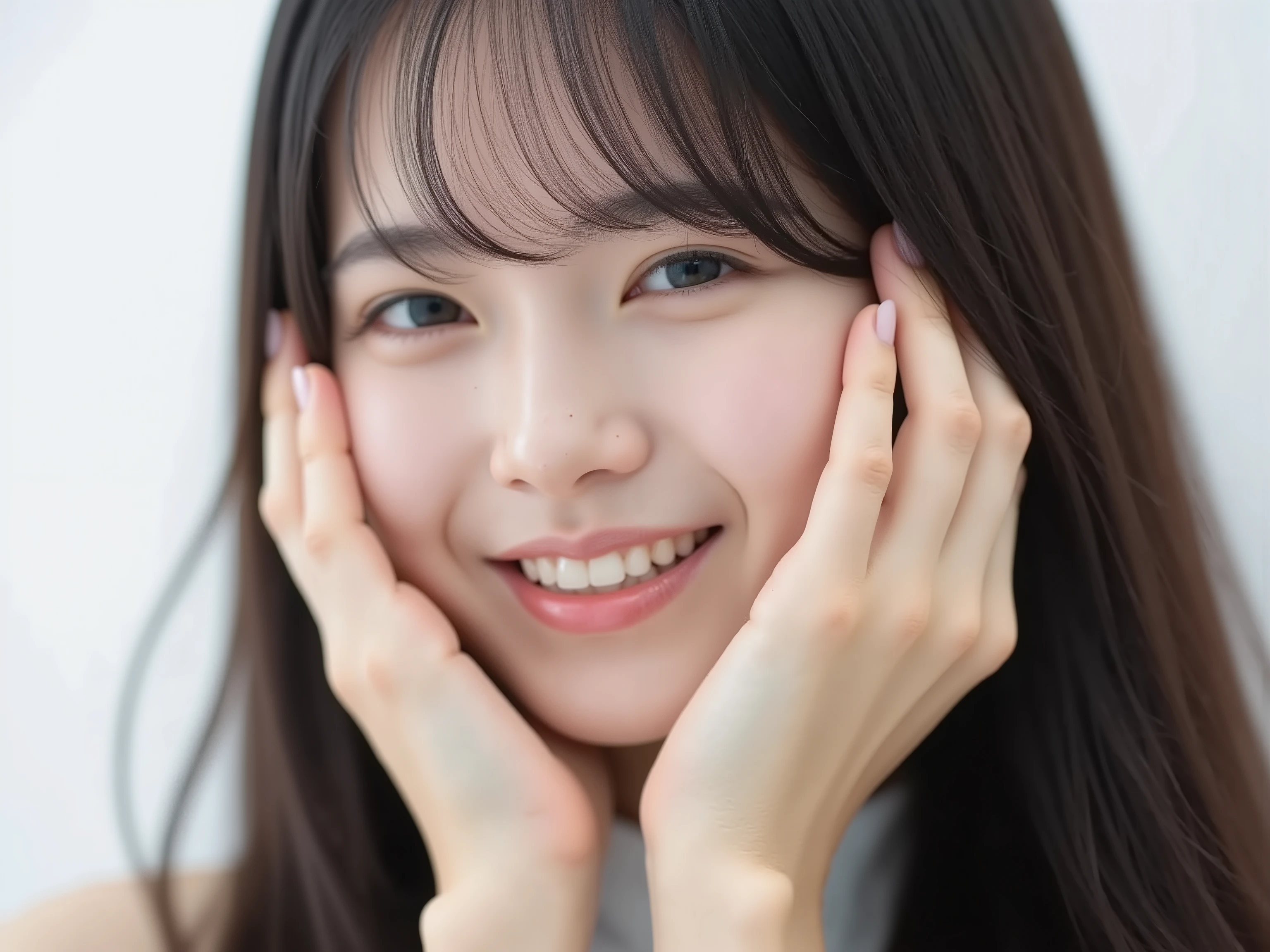 (Refined from an old photo, recreated in a modern, ultra high-quality photorealistic style, with a trendy Reiwa-era hairstyle: soft semi-long hair with natural waves and airy see-through bangs), 
Ultra photorealistic close-up portrait of a beautiful Japanese woman, 
upper-body shot, wearing a black outfit (completely out of frame, not visible), 
shoulders and collarbone softly exposed, 
both hands pressing her cheeks in a shy, lovestruck pose, 
sparkling eyes gazing dreamily at the viewer with overwhelming affection, 
cheeks blushing deeply with a sweet reddish glow, 
soft glossy lips curved into a bright, full, lovestruck smile, 
expression melting with love, playful, dreamy, adorably bashful, 
purely cute and lovestruck, overflowing with affection and warmth, 
realistic skin with detailed pores, subtle freckles, natural uneven tones, 
tiny imperfections for realism, soft peach fuzz visible, 
hair rendered with individual strands, slightly messy flow, natural matte shine, 
soft diffused cinematic lighting, natural depth, 
background pure white with gentle blur, 
(masterpiece, best quality, high resolution, intimate romantic close-up, cinematic magazine cover style)