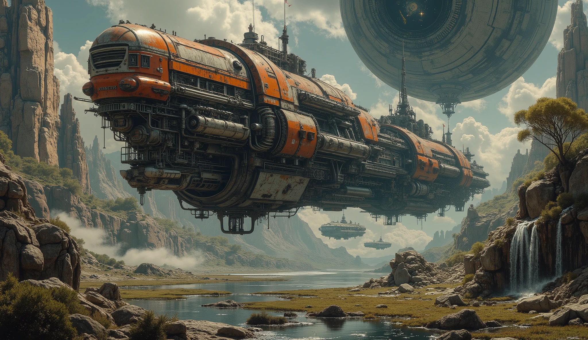 epic oil painting , 16 thousand., photo quality, Fantasy zone , science fiction, fantastic landscape from space with warships and living organisms, battlemech, portrait of a colonial war veteran in the black hole sector, dangerous mangrove planet with mangrove swamps , , a dangerous marsh planet with springs, flowing along the rocks and small picturesque waterfalls, Orion constellation universe, with careful drawing of all the small details, detailed with thousands of small details , epic oil painting , view of the landscape from space, невероятно красивый и тщательно проработанный battlemech с миссией колонизации, very detailed high-tech armored fur with rusty joints and large the number of protective guns on the edges and sides, as well as cannons on rotating bastions in the fur head and at its stern.