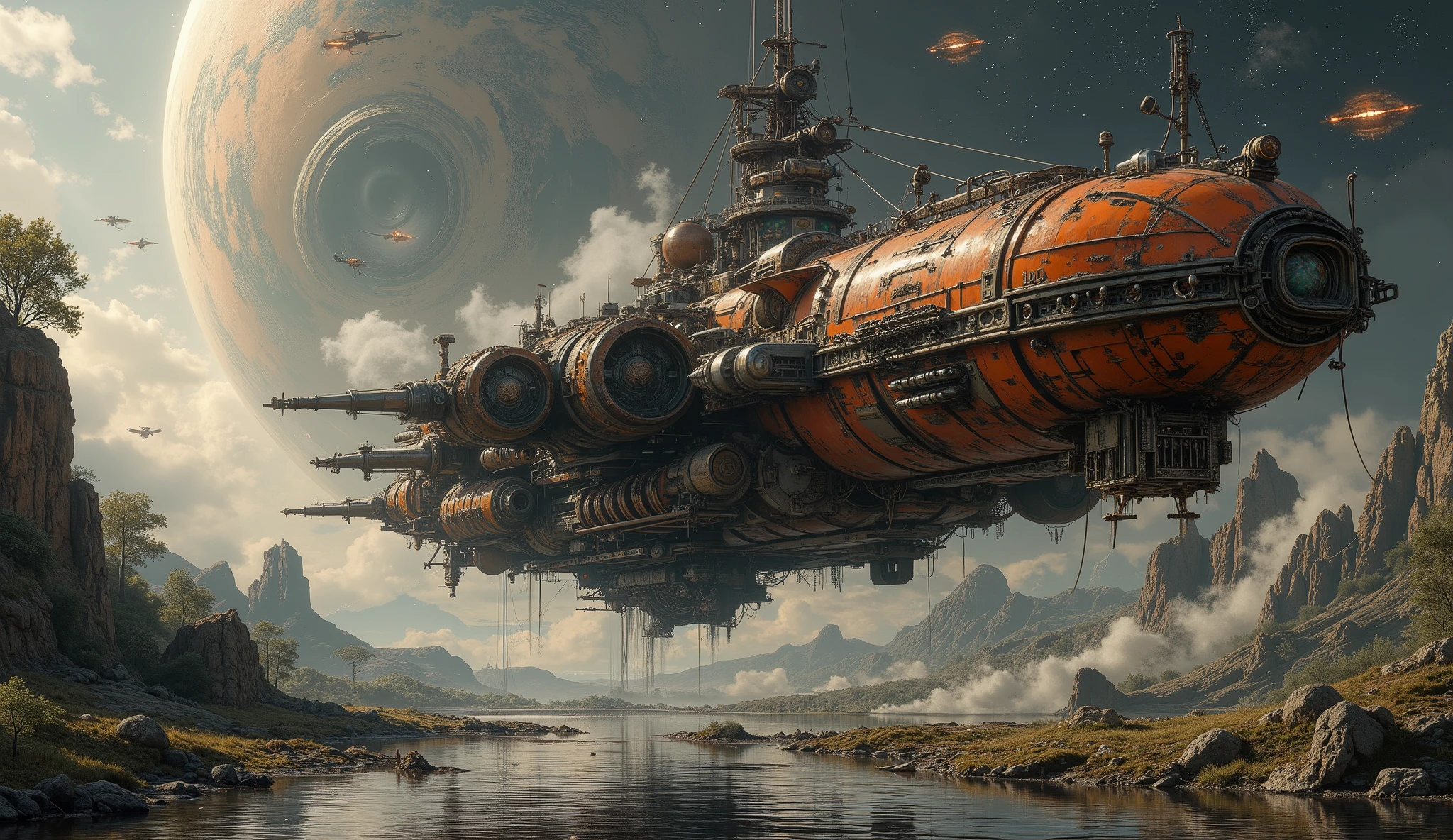 epic oil painting , 16 thousand., photo quality, Fantasy zone , science fiction, fantastic landscape from space with warships and living organisms, battlemech, portrait of a colonial war veteran in the black hole sector, dangerous mangrove planet with mangrove swamps , , a dangerous marsh planet with springs, flowing along the rocks and small picturesque waterfalls, Orion constellation universe, with careful drawing of all the small details, detailed with thousands of small details , epic oil painting , view of the landscape from space, невероятно красивый и тщательно проработанный battlemech с миссией колонизации, very detailed high-tech armored fur with rusty joints and large the number of protective guns on the edges and sides, as well as cannons on rotating bastions in the fur head and at its stern.