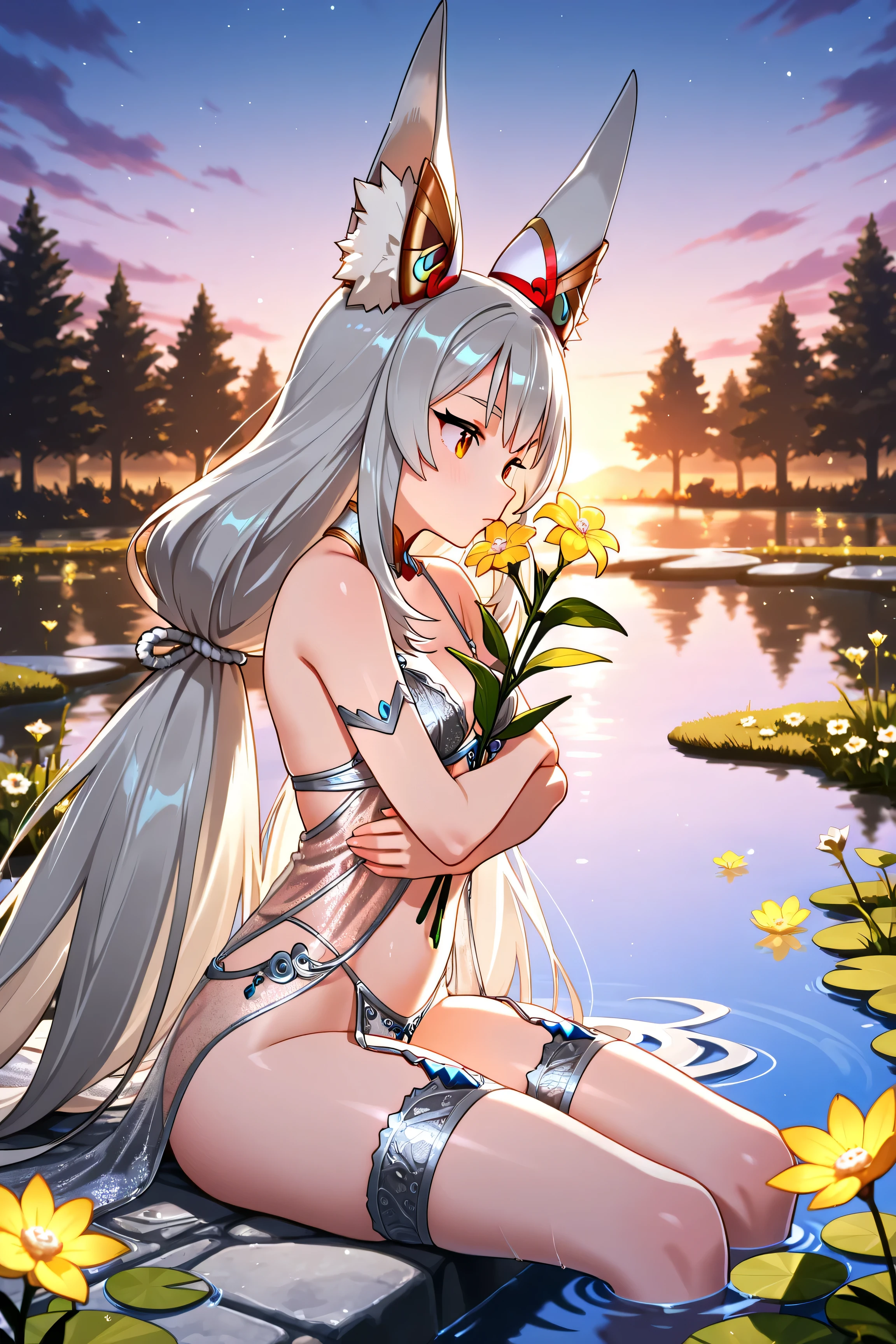 Blade Nia, wearing silver lingerie, hugging a flower over a flower-filled pond at dusk,  point of view from the 
