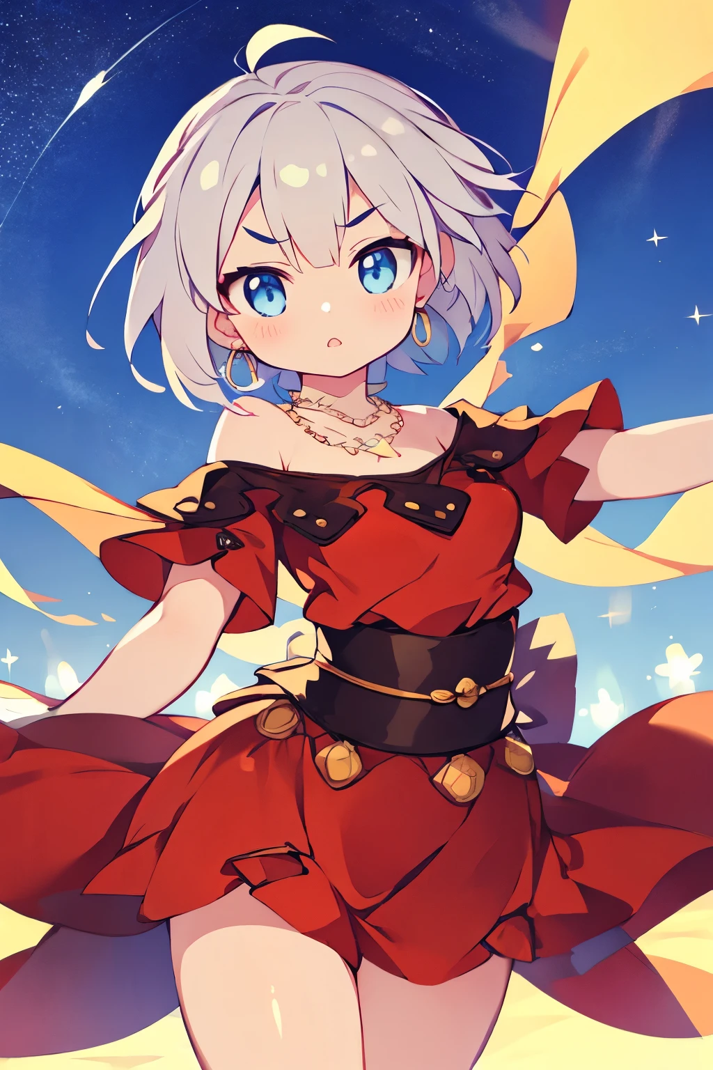 38 years old、Japanese woman、silver hair、short bob、Babyface、round face、Dark eyebrows、Small eyes、the gills are slightly stretched、Light blue eyes、My jaw line is rounded 、plump lips that make you feel bad、Light tan, wheat-colored skin、slender figure、small tits、I'm wearing red dancer clothes、Wearing a veil、wearing a necklace and earrings、Dancing in the desert at night、Composition looking at the object from the front、They have a nice dance、is moving、A very beautiful starry sky、is powerful、an expression that invites me、cute expression、Realistic、High Quality、high image quality、greatest masterpiece、One and only work、4K、8K、high contrast、