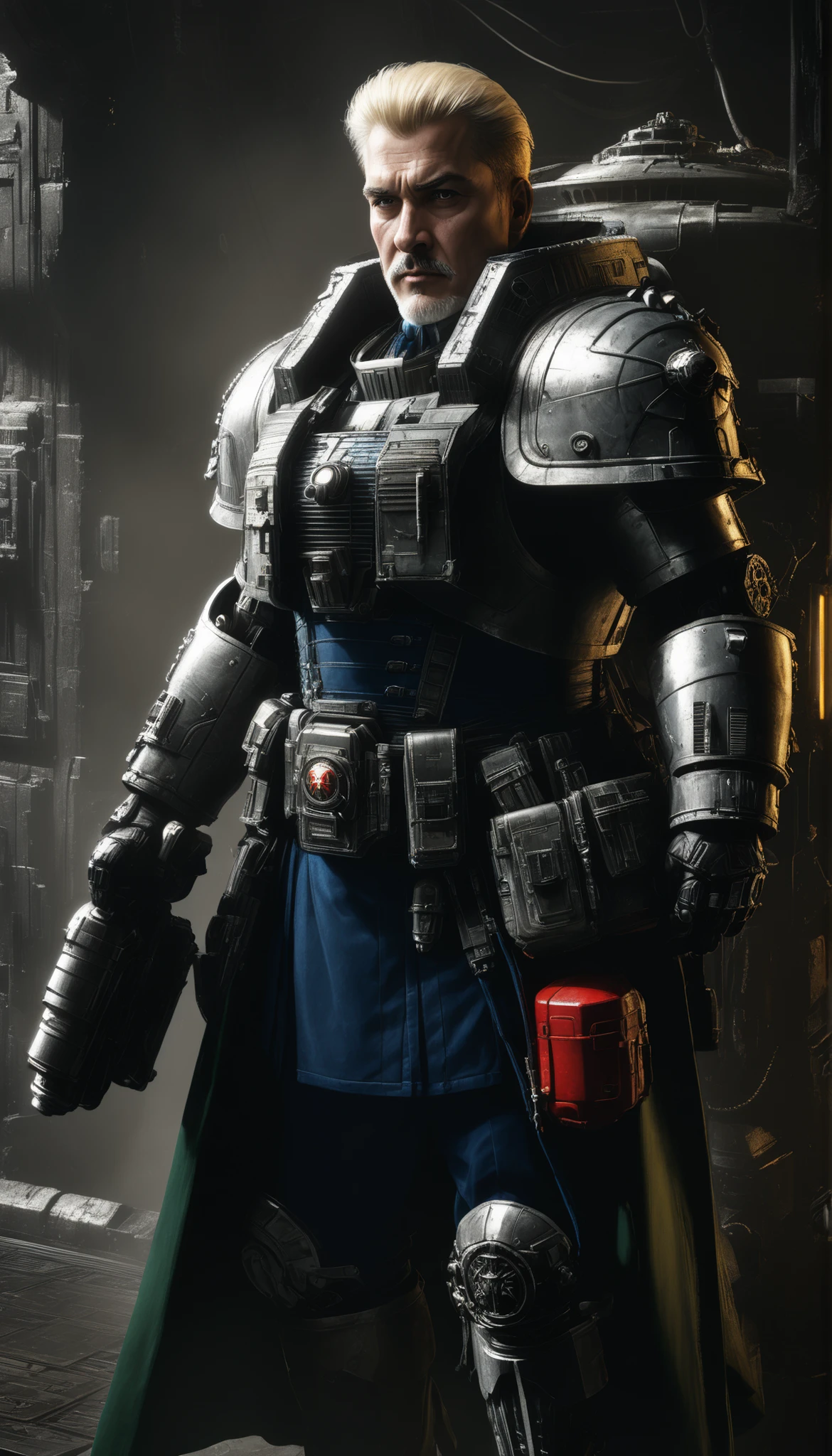 Important (30 year old noble, general, warhammer 40 000 theme, armor, muscular):
Scene (space ship corridor):
Character Face (focused, wrinkles, beardand mustache):
Character Body (fit, muscular, oiled skin, sweat skin, neon glowing electric collar, wide chest):
Character Hair (short blonde hair):
Character Clothes (dark green, dark blue and red military uniform, wires, lab long coat):
Character Action (standing):
View (full body):
Scene light (strong, lighting, emphasizing curves):
Color tones (rich and vibrant colors, warm tones, saturated, contrasted):
Image quality (illustration, photography, 8k, super detail, best quality, 8k, high details, anatomically correct, masterpiece, highres, best quality, award winning, high quality, high details, super detail, erotic art, pin-up, glamour, fine art photography):