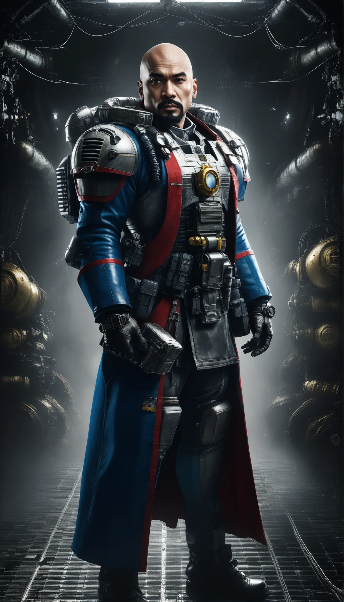 Important (30 year old noble, some wires attached to forehead, general, warhammer 40 000 theme, muscular):
Scene (space ship corridor):
Character Face (focused, wrinkles, beardand mustache):
Character Body (fit, muscular, oiled skin, sweat skin, neon glowing electric collar, wide chest):
Character Hair (short blonde wavey hair):
Character Clothes (dark green, dark blue and red military uniform, wires, lab long coat):
Character Action (standing):
View (full body):
Scene light (strong, lighting, emphasizing curves):
Color tones (rich and vibrant colors, warm tones, saturated, contrasted):
Image quality (illustration, photography, 8k, super detail, best quality, 8k, high details, anatomically correct, masterpiece, highres, best quality, award winning, high quality, high details, super detail, erotic art, pin-up, glamour, fine art photography):