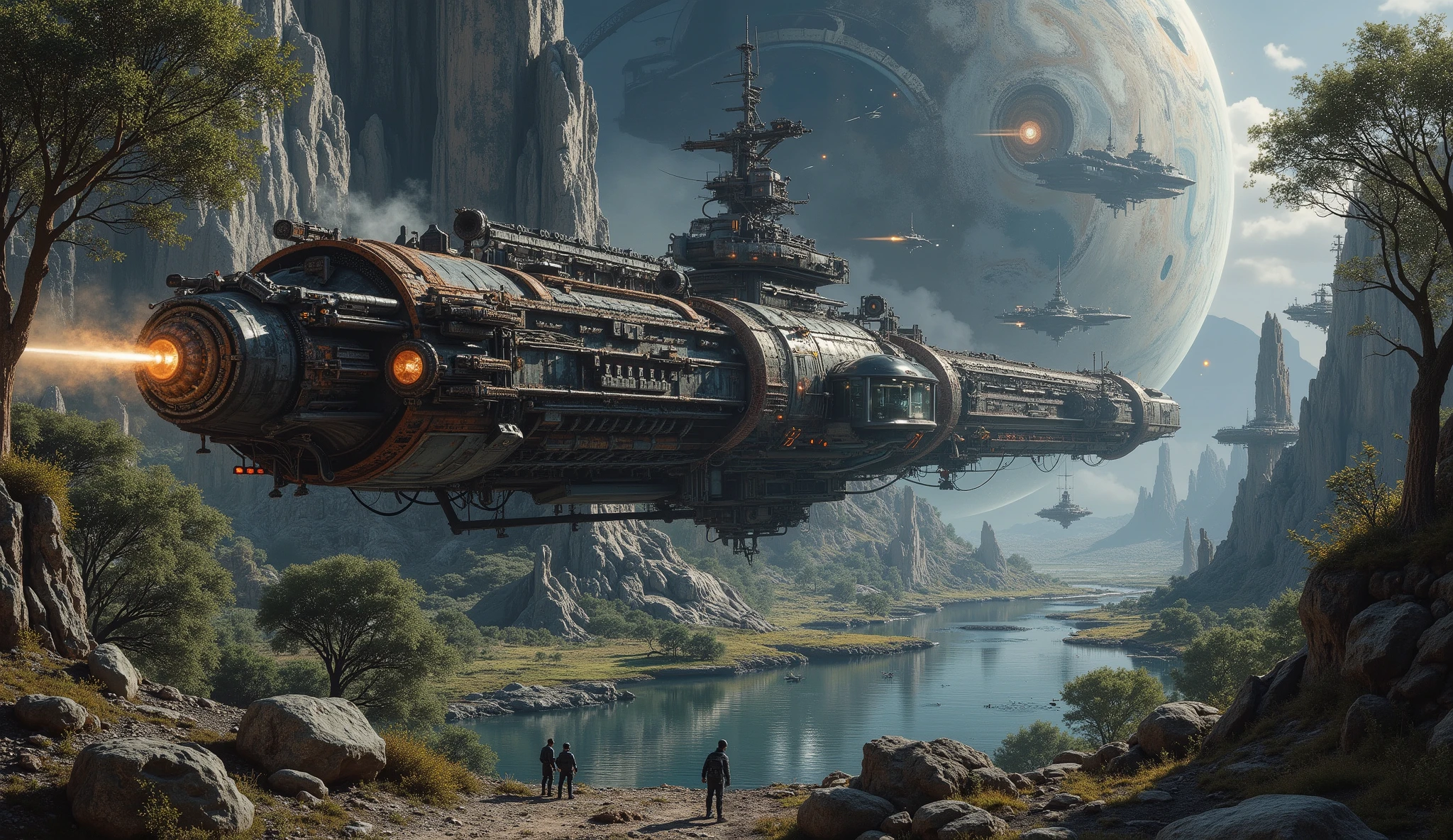 epic oil painting , 16 thousand., photo quality, Fantasy zone , science fiction, fantastic landscape from space with warships and living organisms, battlemech, portrait of a colonial war veteran in the black hole sector, dangerous mangrove planet with mangrove swamps , , a dangerous marsh planet with springs, flowing along the rocks and small picturesque waterfalls, Orion constellation universe, with careful drawing of all the small details, detailed with thousands of small details , epic oil painting , view of the landscape from space, невероятно красивый и тщательно проработанный battlemech с миссией колонизации, very detailed high-tech armored fur with rusty joints and large the number of protective guns on the edges and sides, as well as cannons on rotating bastions in the fur head and at its stern.