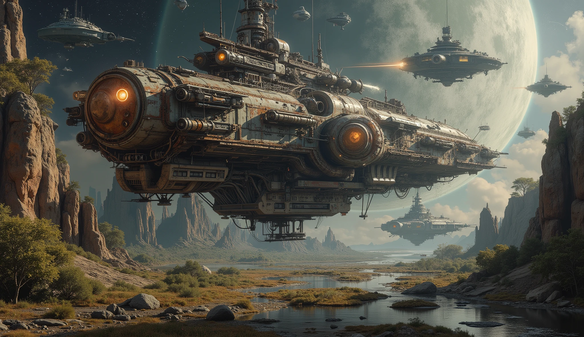 epic oil painting , 16 thousand., photo quality, Fantasy zone , science fiction, fantastic landscape from space with warships and living organisms, battlemech, portrait of a colonial war veteran in the black hole sector, dangerous mangrove planet with mangrove swamps , , a dangerous marsh planet with springs, flowing along the rocks and small picturesque waterfalls, Orion constellation universe, with careful drawing of all the small details, detailed with thousands of small details , epic oil painting , view of the landscape from space, невероятно красивый и тщательно проработанный battlemech с миссией колонизации, very detailed high-tech armored fur with rusty joints and large the number of protective guns on the edges and sides, as well as cannons on rotating bastions in the fur head and at its stern.