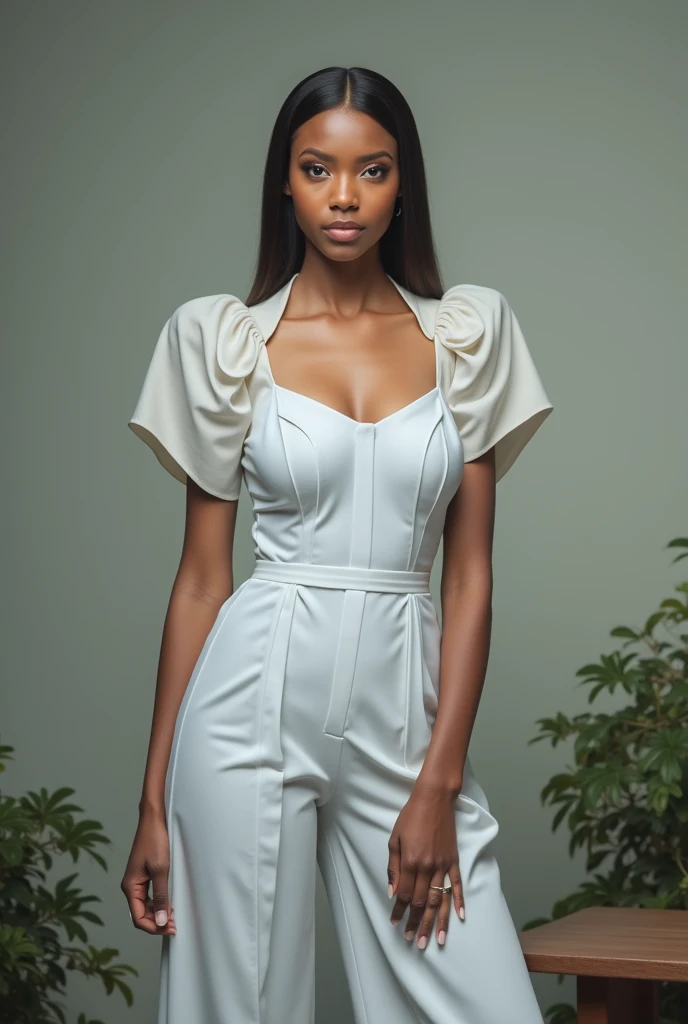 A woman, standing outside a rural grand stately house. Wearing a white outfit. The top is a classic plain white corset. sleeveless corset, cropped bustier corset. strapless sweetheart neckline. The loose pants are made of layers of soft opaque cotton fabric. flared, full length pants. Simple layers, pants with no gathers, no pleats., no seams. The pants are printed with a subtle faded pattern. white air max 95. facing the camera, happy carefree demeanour