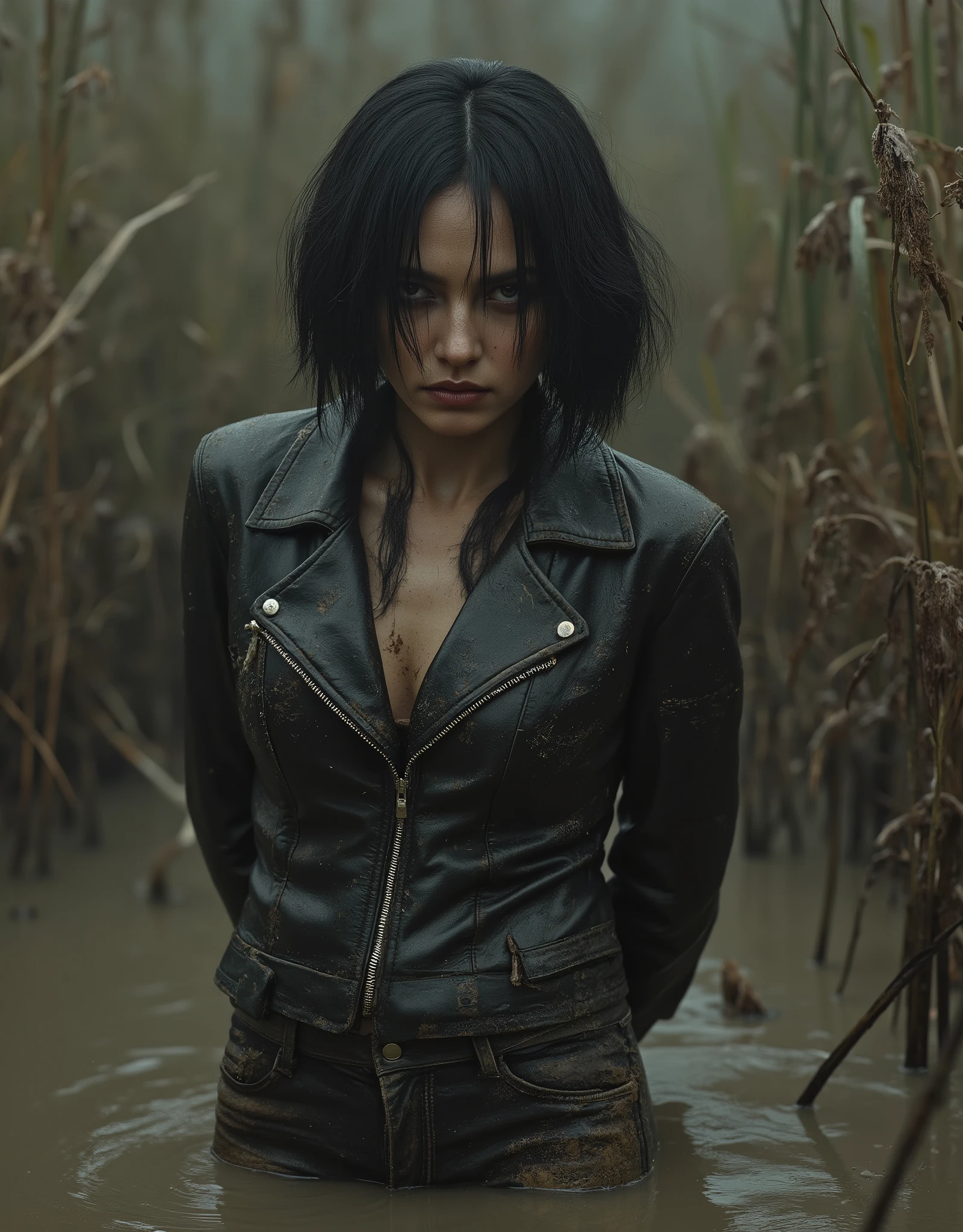 Portrait Art , ugly mature mom over 40, Stuck in the swamp. gaze, [faded, riding a classic motorcycle, , stuck in viscous mud, marshy vegetation, mud, black bob haircut. mudy mudy leather detailed biker jacket and mudy leather skinny pants jeans. Worn out by lust ,reeds, mudy duckweed vegetation, strong bags under his eyes, detailed portrait, gloomy lighting, Sandy, dystopian, dark fantasy, harsh night environment, Muddy Terrain, adentura, dark atmosphere, Dramatic shadows, cinematic frame, ultra-detailed, 8 thousand., HDR, photorealistic, masterpiece, hands behind