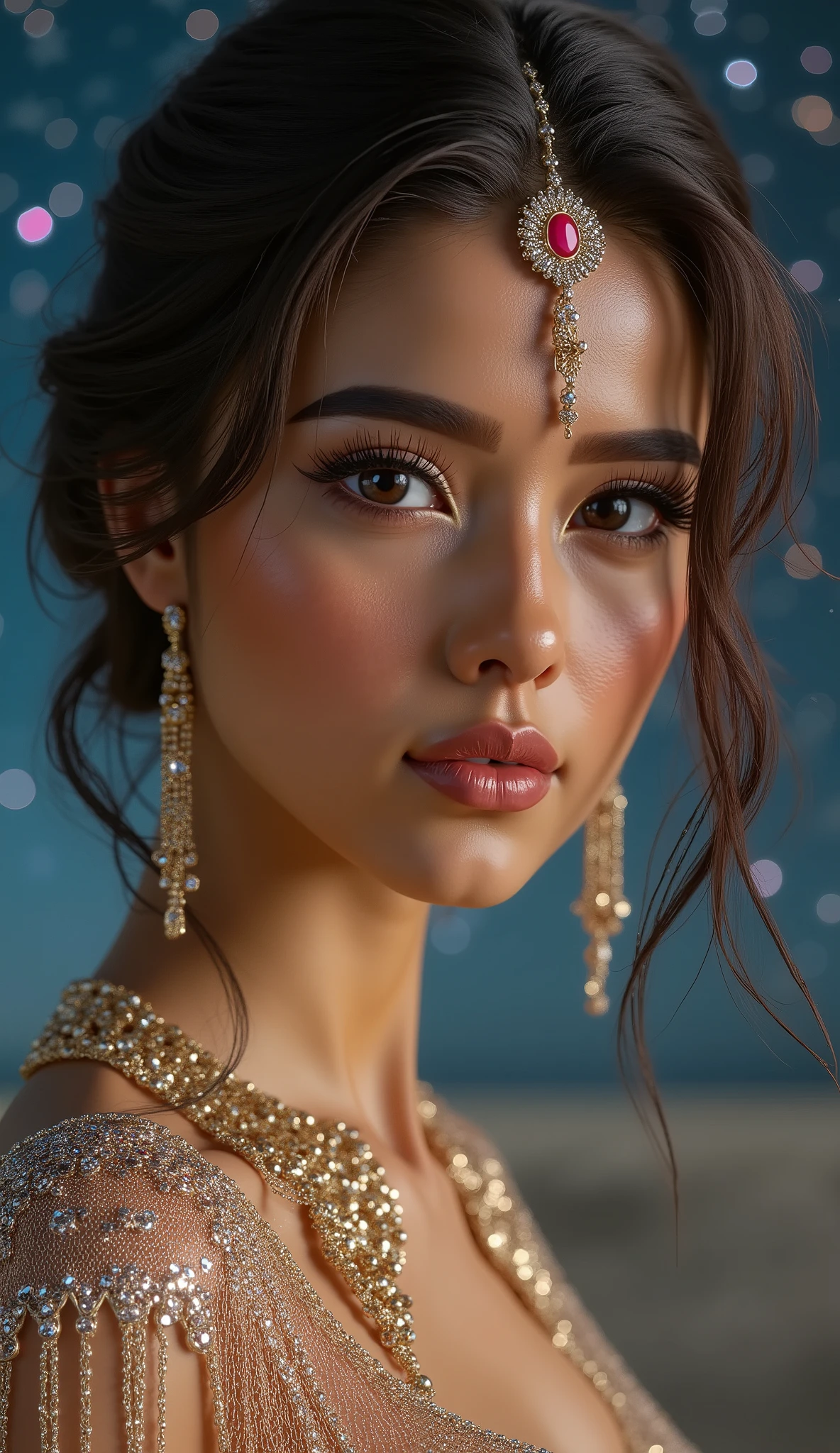  Realistic (photorealistic Realism), (Ultra-realistic), ((focus on extremely Realistic Proportion Body, Anatomically Correct:1.2)), ((professional portrait)). (ultra realistic texture details: velvety skin, hair), ((dark hair (very short hair)((slicked to one side:1.4)), Intricately details:1.33)), ((no blurr eyes, high resolution, absurd quality, Realistic brown eyes:1.4)), (Carefully draw Long eyelashes:1.2),(professional makeup:1.4). ((Beautiful long legs in good style:1.35)), (medium butt), (perfect hot model full bodyshot:1.4), {An extraordinary portrait of an Arab woman, a dynamic dance scene (raised hands, dance step), an erotic Arab dancer dancing at night in the desert: 1.4}. "A high-resolution composite image of twinkling stars, She wears A glittering face veil (a veil made of gold chains, interwoven with tiny diamonds, hanging from below the eyes to the chin:1.33). The dancer's dress is very modest, slightly transparent (made of a diamond curtain made of tiny chains:1.22), adorned with small rubies. The diamond curtain is intricately woven, shimmering with various colors], dancer costume, creating a fantastical image with a starry sky in the background" [The vivid colors of a dream, holding jewels against a medieval sky full of colorful stars], (Rendering engine: "Unreal Engine 5 path tracing, 16K texture maps")