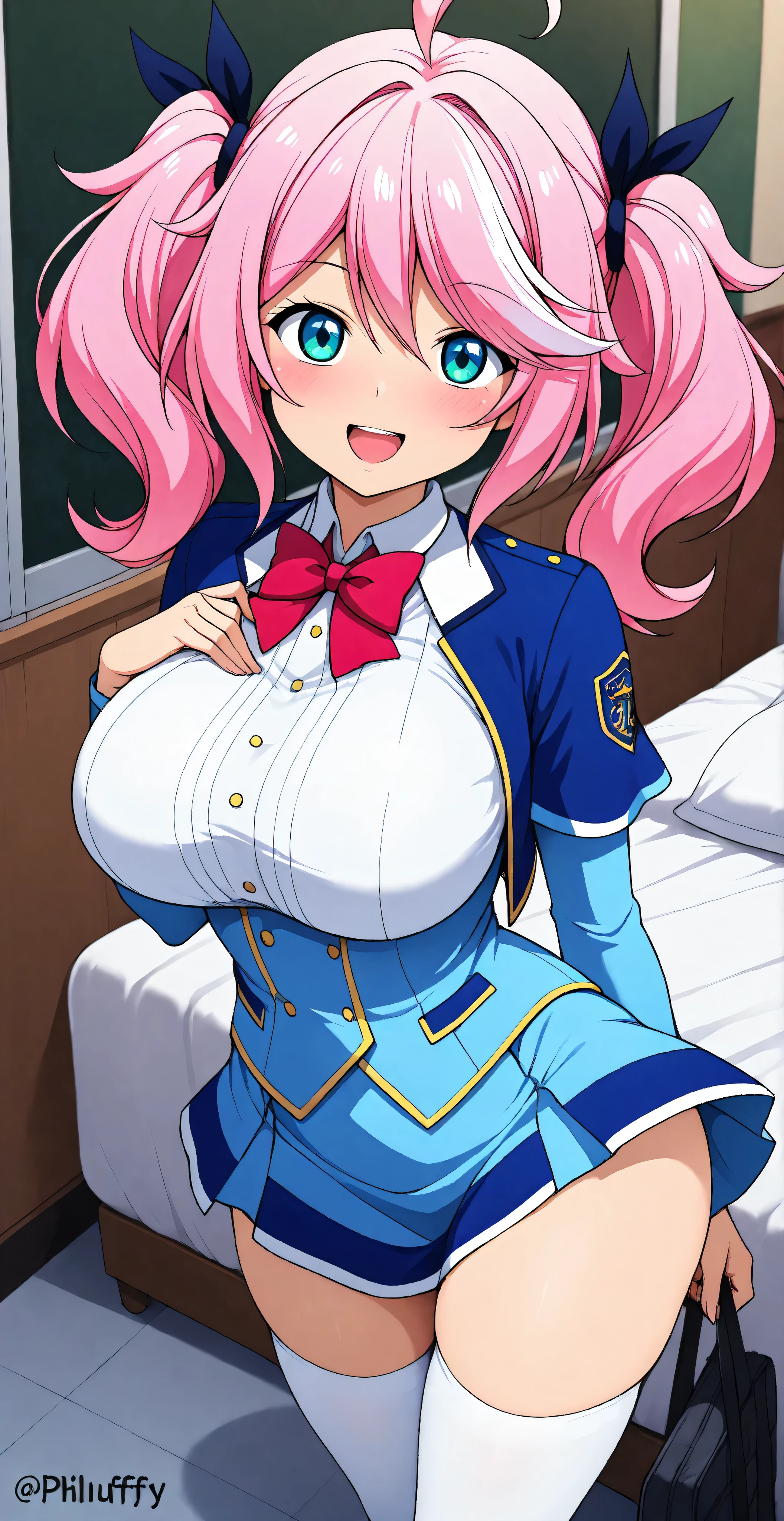 The horny and sexually attractive schoolgirl, (((Philuffy Aingram))) wearing a tight blue uniform with big breasts and flirty expression, sleeper, in white stockings hentai
