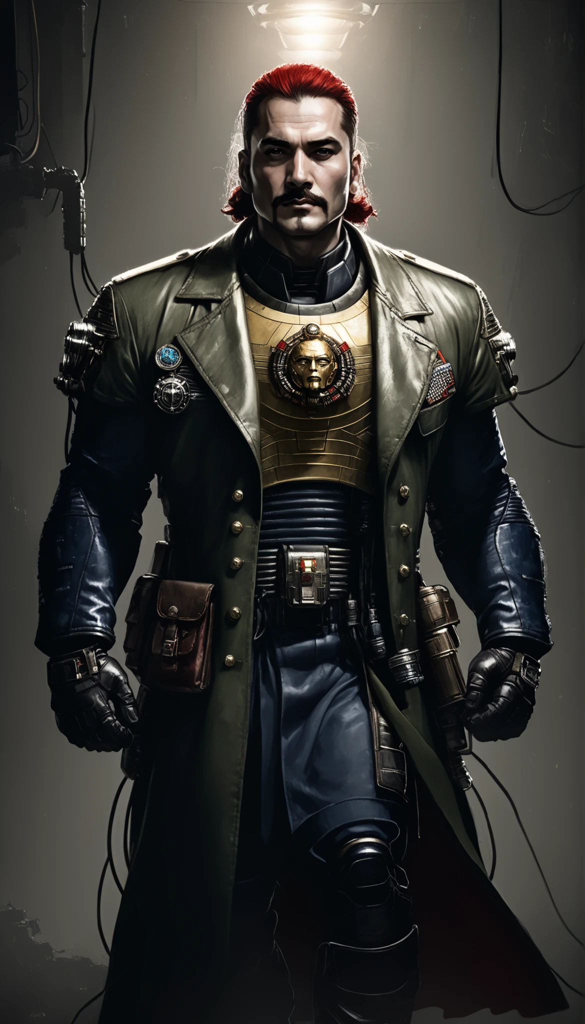 Important (30 year old noble, some wires attached to forehead, general, warhammer 40 000 theme):
Scene (space ship corridor):
Character Face (focused, wrinkles, beardand mustache):
Character Body (fit, muscular, oiled skin, sweat skin, neon glowing electric collar, wide chest):
Character Hair (short blonde wavy hair):
Character Clothes (dark green, dark blue and red military uniform, wires, lab long coat):
Character Action (standing):
View (full body):
Scene light (strong, lighting, emphasizing curves):
Color tones (rich and vibrant colors, warm tones, saturated, contrasted):
Image quality (illustration, photography, 8k, super detail, best quality, 8k, high details, anatomically correct, masterpiece, highres, best quality, award winning, high quality, high details, super detail, erotic art, pin-up, glamour, fine art photography):