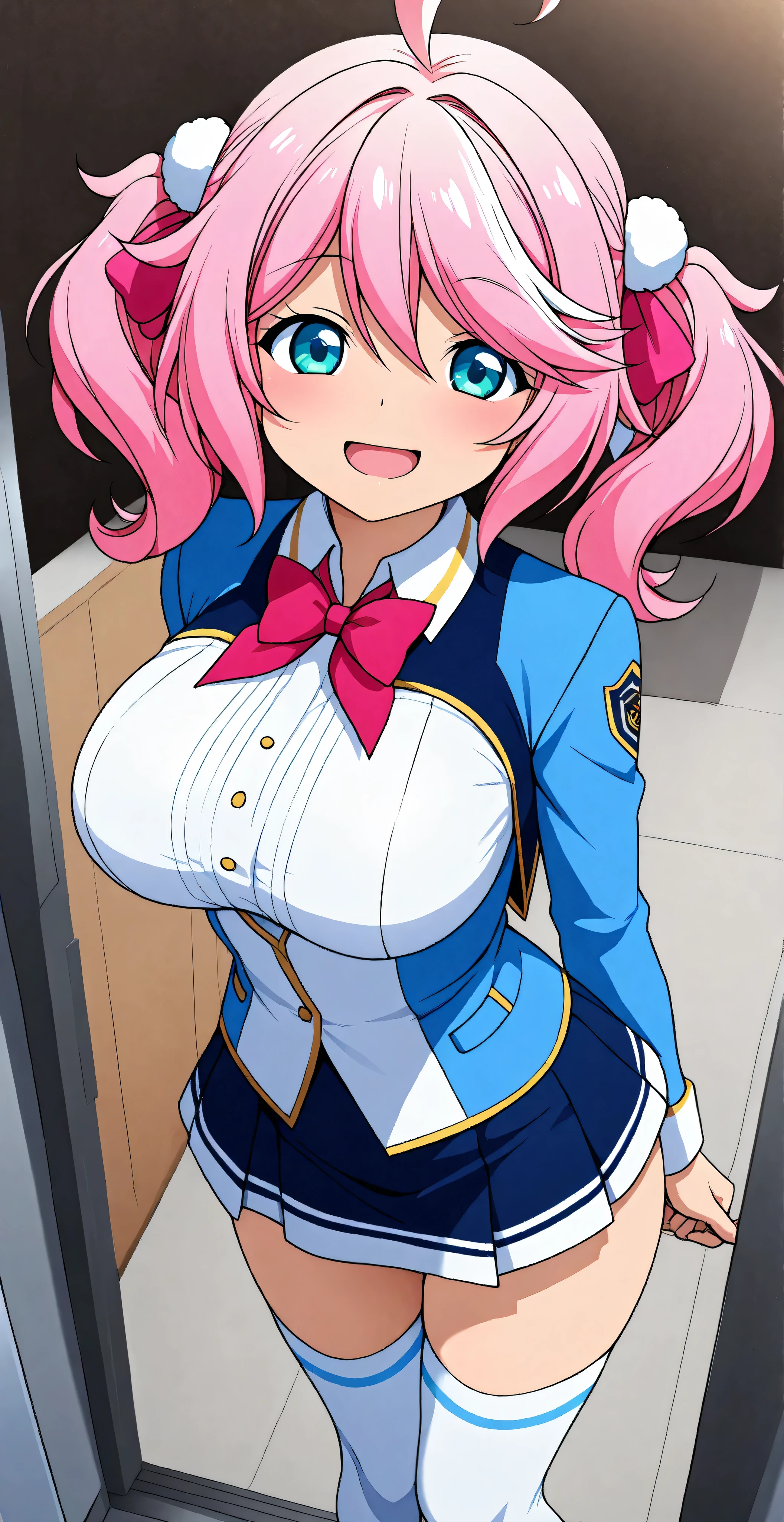 The horny and sexually attractive schoolgirl, (((Philuffy Aingram))) wearing a tight blue uniform with big breasts and flirty expression, sleeper, in white stockings hentai. ((vista frontal. view below.))) standing. 