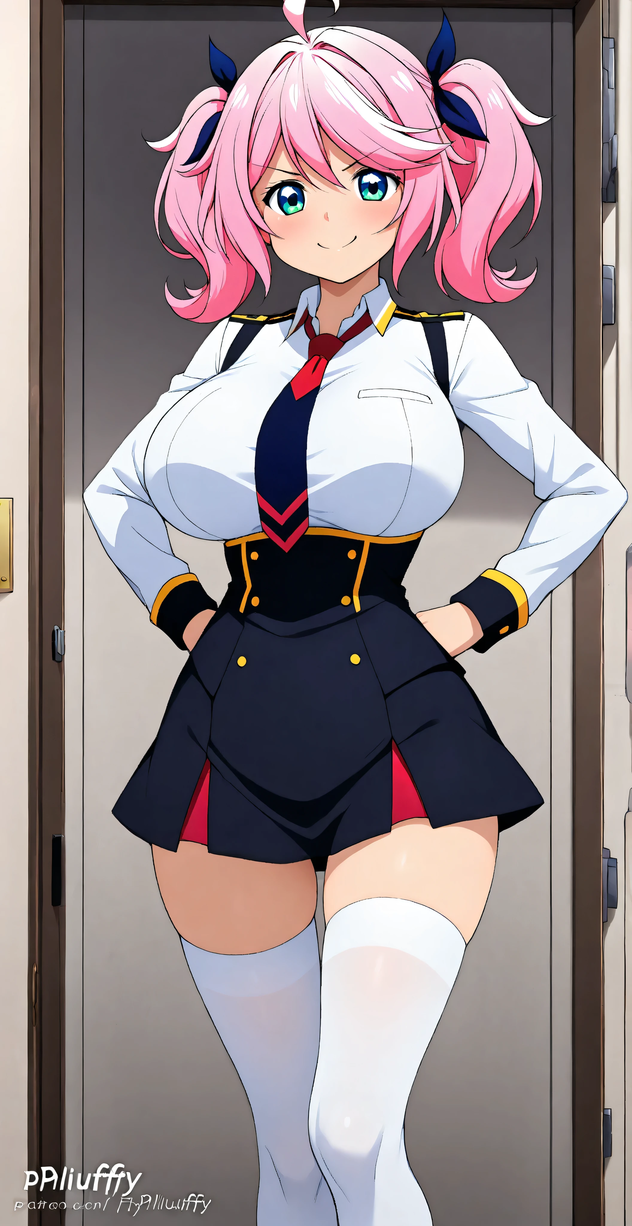 The horny and sexually attractive schoolgirl, (((Philuffy Aingram))) wearing a tight black uniform with big breasts and flirty expression, sleeper, in white stockings hentai. ((vista frontal. view below.))) standing. 