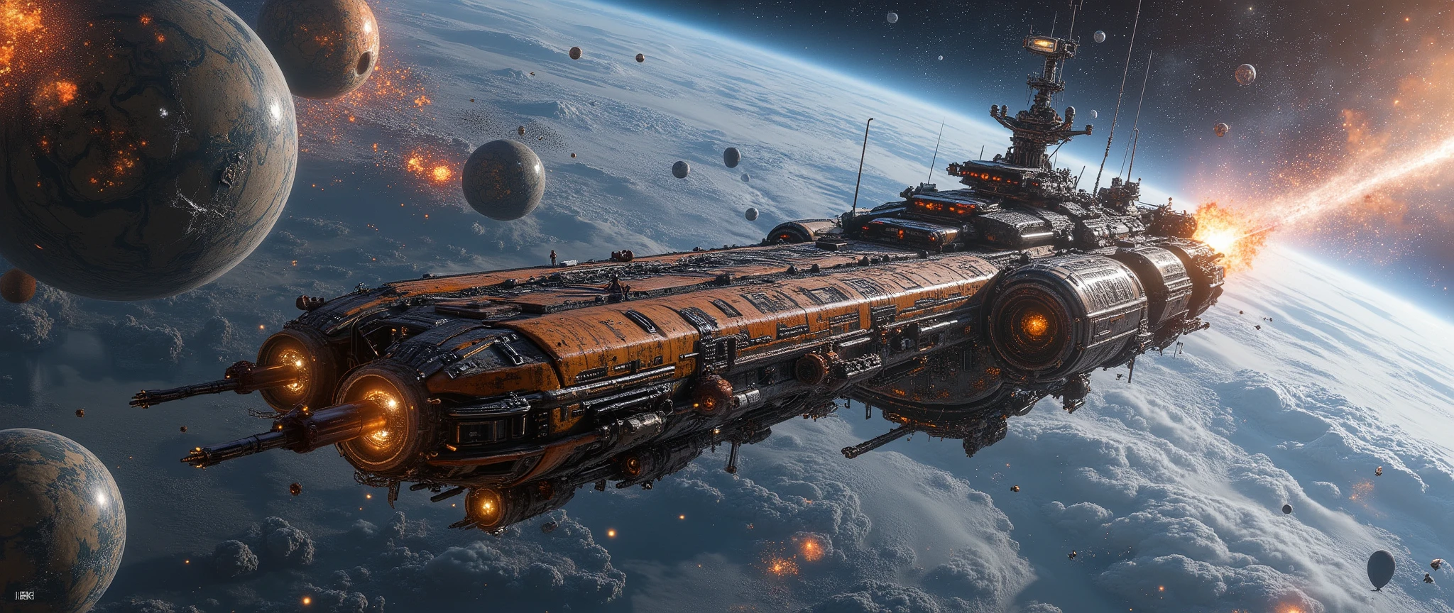 epic oil painting , 16 thousand., photo quality, Fantasy zone , science fiction, fantastic cosmic landscape with warships and living organisms, Orion constellation universe, with careful drawing of all the small details, detailed with thousands of small details , epic oil painting , view of the landscape from space, an incredibly beautiful and carefully designed warship with a colonization mission, a very detailed high-tech starship with armored trim with rusty joints and a large number of protective weapons along the edges and sides, as well as cannons on rotating bastions at the head of the spaceship and at its stern.