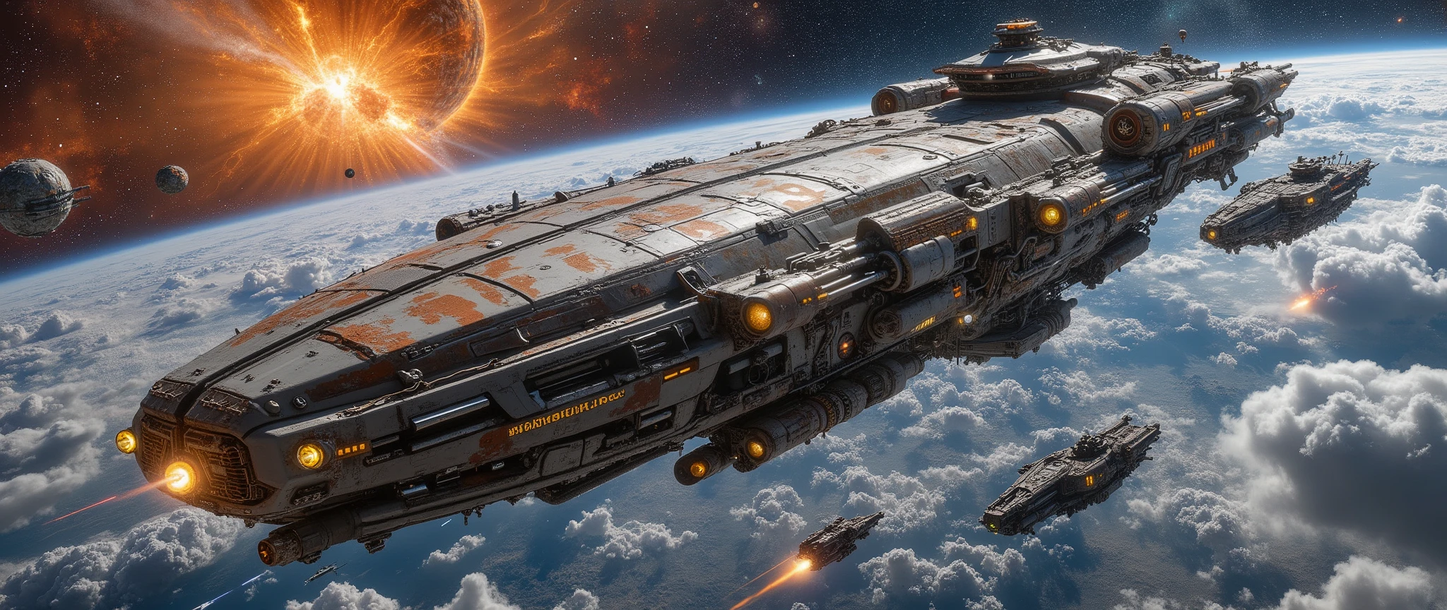 epic oil painting , 16 thousand., photo quality, Fantasy zone , science fiction, fantastic cosmic landscape with warships and living organisms, Orion constellation universe, with careful drawing of all the small details, detailed with thousands of small details , epic oil painting , view of the landscape from space, an incredibly beautiful and carefully designed warship with a colonization mission, a very detailed high-tech starship with armored trim with rusty joints and a large number of protective weapons along the edges and sides, as well as cannons on rotating bastions at the head of the spaceship and at its stern.