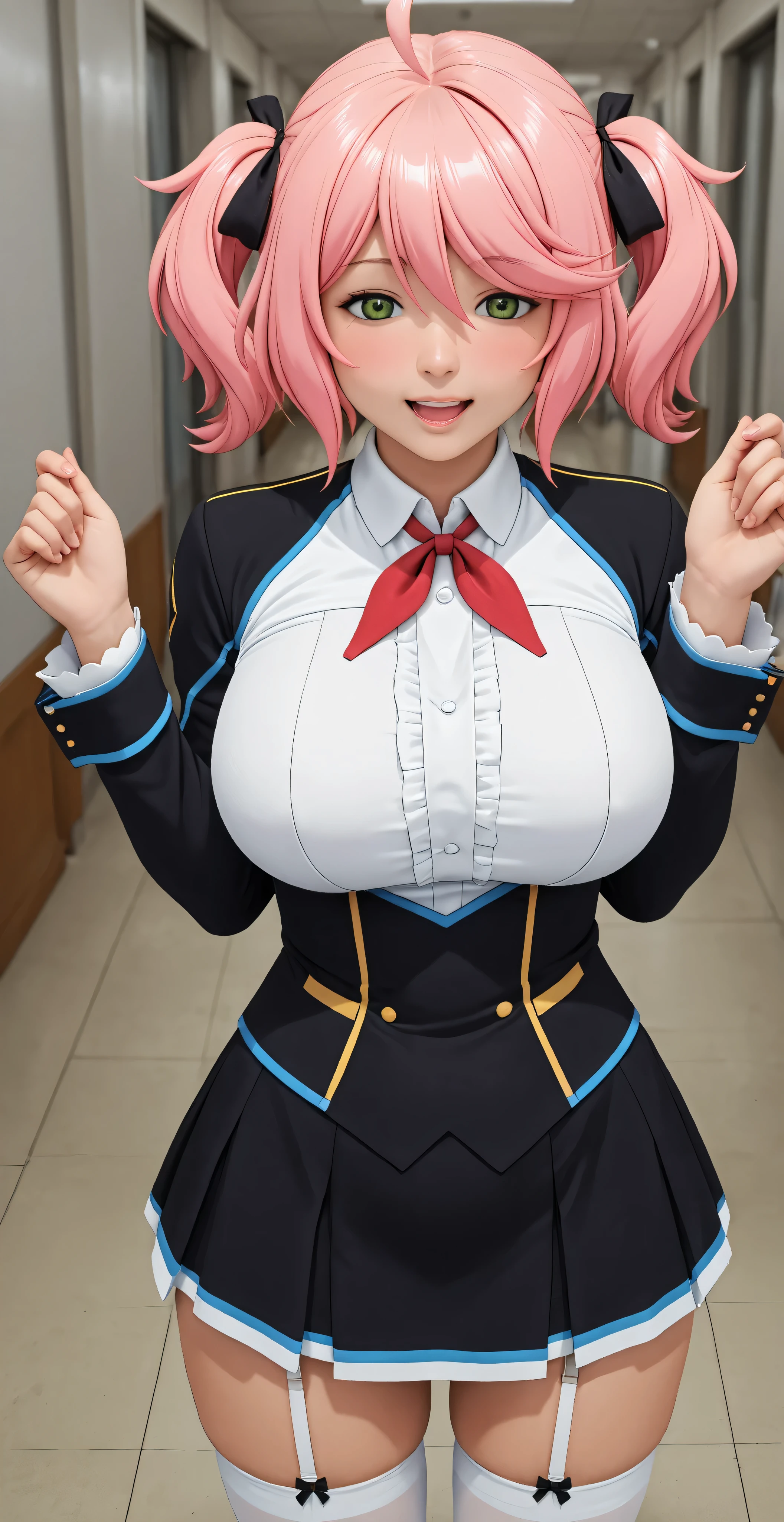 The horny and sexually attractive schoolgirl, (((Philuffy Aingram))) wearing a tight black uniform with big breasts and flirty expression, sleeper, in white stockings hentai. ((vista frontal. view below.))) standing.