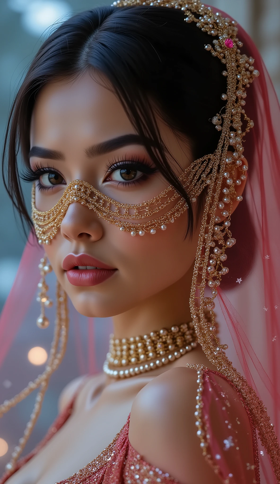  Realistic (photorealistic Realism), (Ultra-realistic), ((focus on extremely Realistic Proportion Body, Anatomically Correct:1.2)), ((professional portrait)). (ultra realistic texture details: velvety skin, hair), ((dark hair (very short hair)((slicked to one side:1.4)), Intricately details:1.33)), ((no blurr eyes, high resolution, absurd quality, Realistic brown eyes:1.4)), (Carefully draw Long eyelashes:1.2),(professional makeup:1.4). ((Beautiful long legs in good style:1.35)), (medium butt), (perfect hot model full bodyshot:1.4), {Extraordinary portrait of an Arab woman, fairy tale image, beautiful princess님, full body photo, Perfectly drawn fairy tale, beautiful princess, fairy tale image, Detailed description, Perfectly drawn fairy tale, Expressive image, Luxurious outfit, colorful jewelry, graceful posture, Fantastic backgrounds, magical atmosphere}. [[A high-resolution composite image of twinkling stars]]. [Face: - " wearing an opulent face veil made of layered pearls and gold chains , intricately draped and shimmering with elegance . The veil covers her lower face:1.33)"]. The dancer's dress is very modest, slightly transparent (made of a diamond curtain made of tiny chains:1.22), adorned with small rubies. The diamond curtain is intricately woven, shimmering with various colors], dancer costume, creating a fantastical image with a starry sky in the background" [The vivid colors of a dream, holding jewels against a medieval sky full of colorful stars], (Rendering engine: "Unreal Engine 5 path tracing, 16K texture maps")