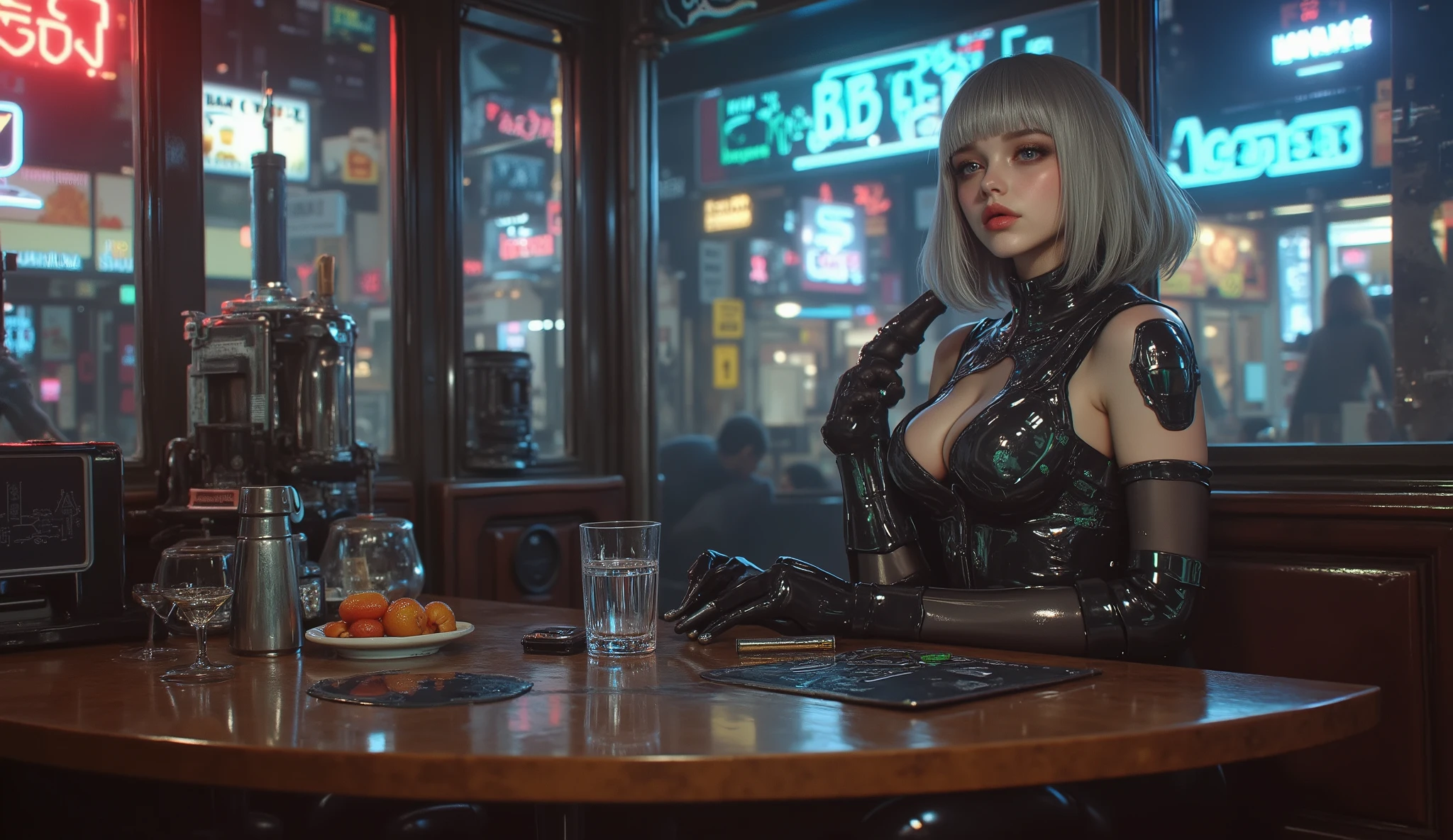 ((masterpiece)) (better quality , masterpiece) , (Cyberpunk2077 gal) , (meticulous and intricate cybernetic arms and legs) ("Cyber Hunter") , () , (day grey hair , short with bangs) , (Sensual blue eyes , sensual smile , teeth , medium chest) , (Generous curves) , (Wearing a rubber leotard sleeveless , medium chest , watergirl , sleeveless) , ( on the table ) (Cyberpunk cafe , Tokyo 2077) (photo)
information. The atmosphere is cinematic, photorealistic, with razor-sharp details, subtle haze, and a haunting bittersweet mood — rendered in photorealistic style for FLUX.
