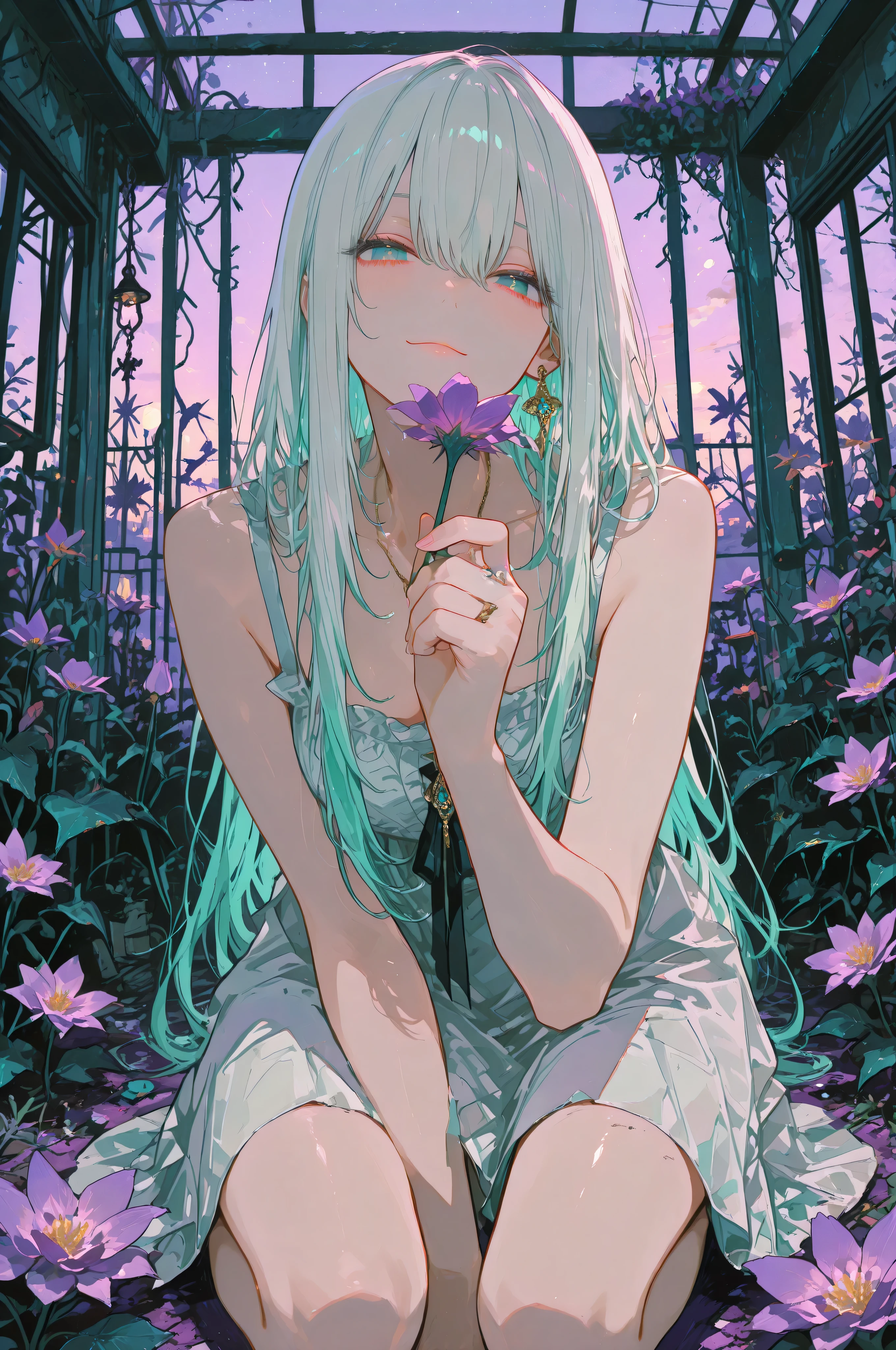 high quality, masterpiece, ultra-detailed, anime illustration, Post-apocalyptic destroyed greenhouse under glass panels, a hand overgrown with bright flora (Flowers glow unnaturally,  The cheerful gardener, female character, girl, kneels, with one hand reaches out a flower to the viewer, the girl has emerald eyes, long snow-white hair turning soft blue at the end kahs, tender build, Perfectly drawn figure, feminine body, focused on the viewer, wearing a gentle summer dress, Sunny evening light shines through the destroyed greenhouse roof, illuminating ivy, curling along broken arches, The light of the sunset( blue, purple, pink), haze creates a magical effect, ultra-detailed spectacular lighting, inspiring mood. the light all behind the girl creates a lot of shadows, top view
