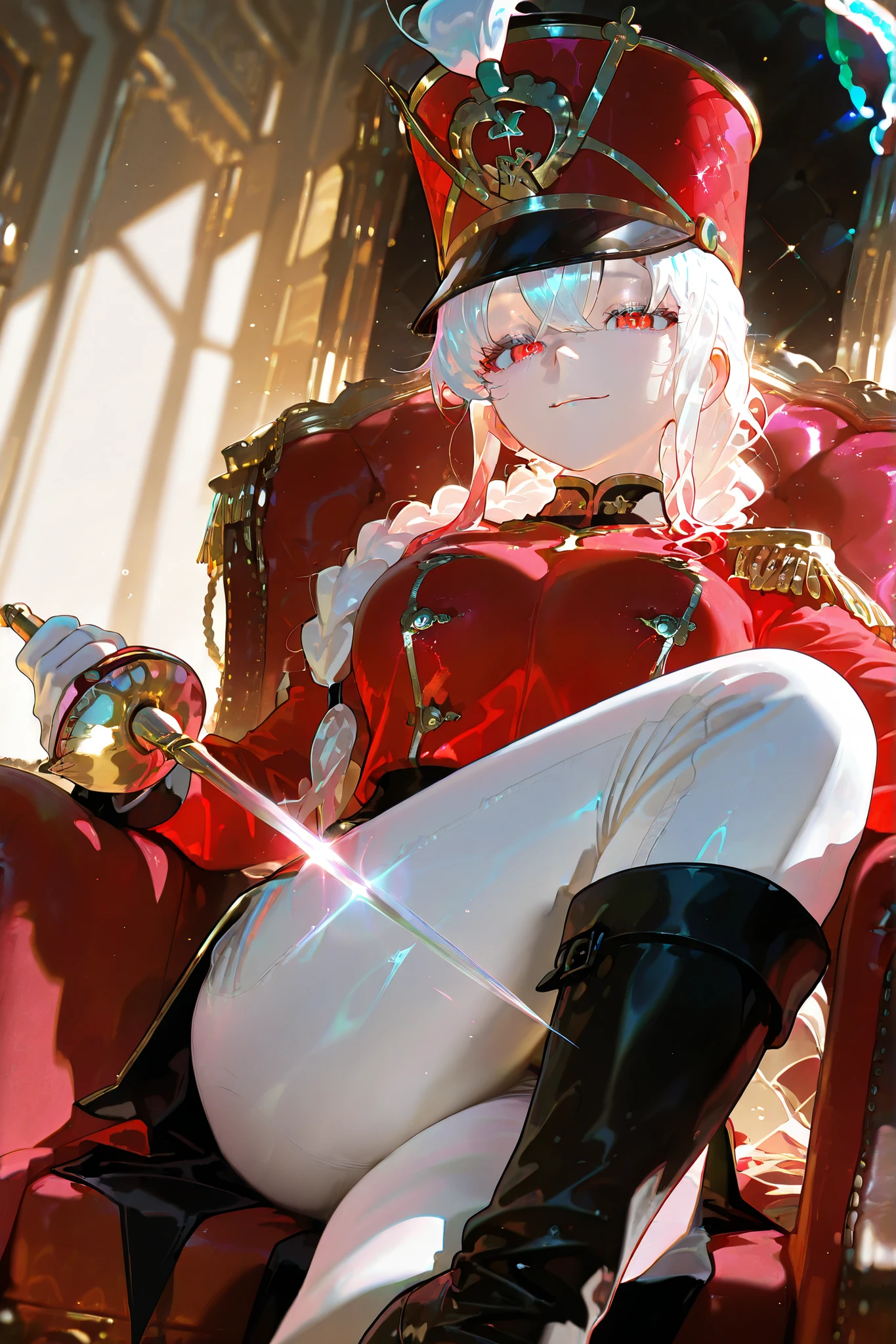 highres, very detailed, amazing quality, masterpiece,very aesthetic,glitter, particle effect,1girl, solo，real style, beautiful eyes, mature face, pale skin, double braided ponytail, red eyes, white hair, rapier, shako, epaulettes, tailcoat, white pants, black boots, blending, lineless, sitting in a red velvet armchair, legs crossed, low angle