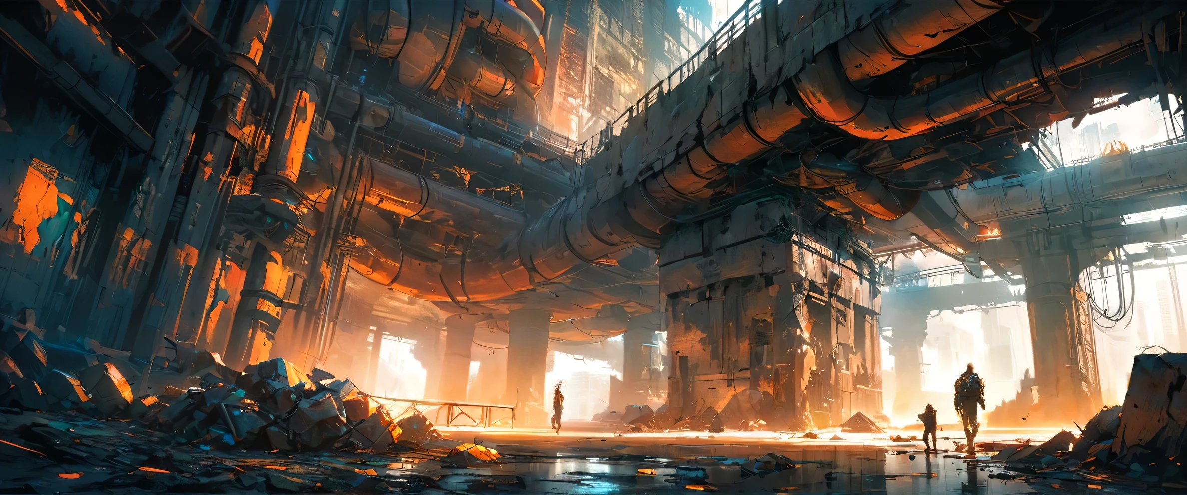 Create a Cyberpunk middle-aged man with a pale face and long dark hair who walks quickly in the foreground with his head up. A chain with a pendant hangs on his chest. He has shoes on his feet. Scene: Sci-fi futuristic scene, long old damaged subway tunel with damaged vault, with lot industrial pipework, massive orange industrial pipes snake through the architecture, while debris and rubble litter the ground. Misty blue atmospheric haze fills the distant spaces between damaged high rise futuristic buildings and add dramatic lighting. Style: Painted with strong colors combined with an ink line drawing with thicker and thinner black lines. Bold color contrasts between warm oranges and cool teals create atmospheric depth. Use a deep and strong blue colors for shadows.Textured brushwork adds gritty detail to the industrial elements while maintaining a painterly quality. Atmospheric perspective, industrial decay, complementary contrast, cell shader and painted anime.