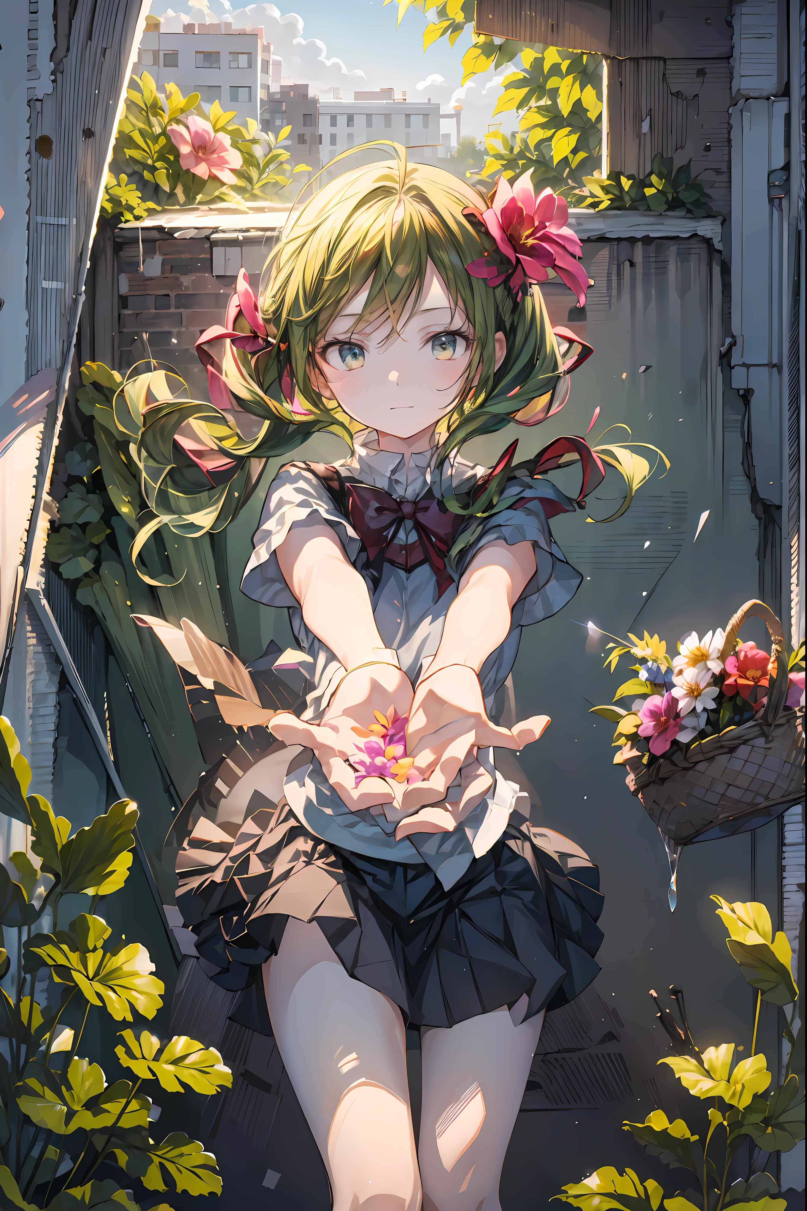 The Ruined Gardener,android girl,I'm planting flowers,((Flower basket in the hand)),ruins covered with ivy,4K,Ultra Detailed ,advanced physical depiction,professional,vivid colors,Bokeh,Large scale ruins,android surrounded by greenery,expressive female android, Overgrown Plants ,abandoned buildings with ages,sunlight shining through windows,artistic composition,Digital Art,Realistic