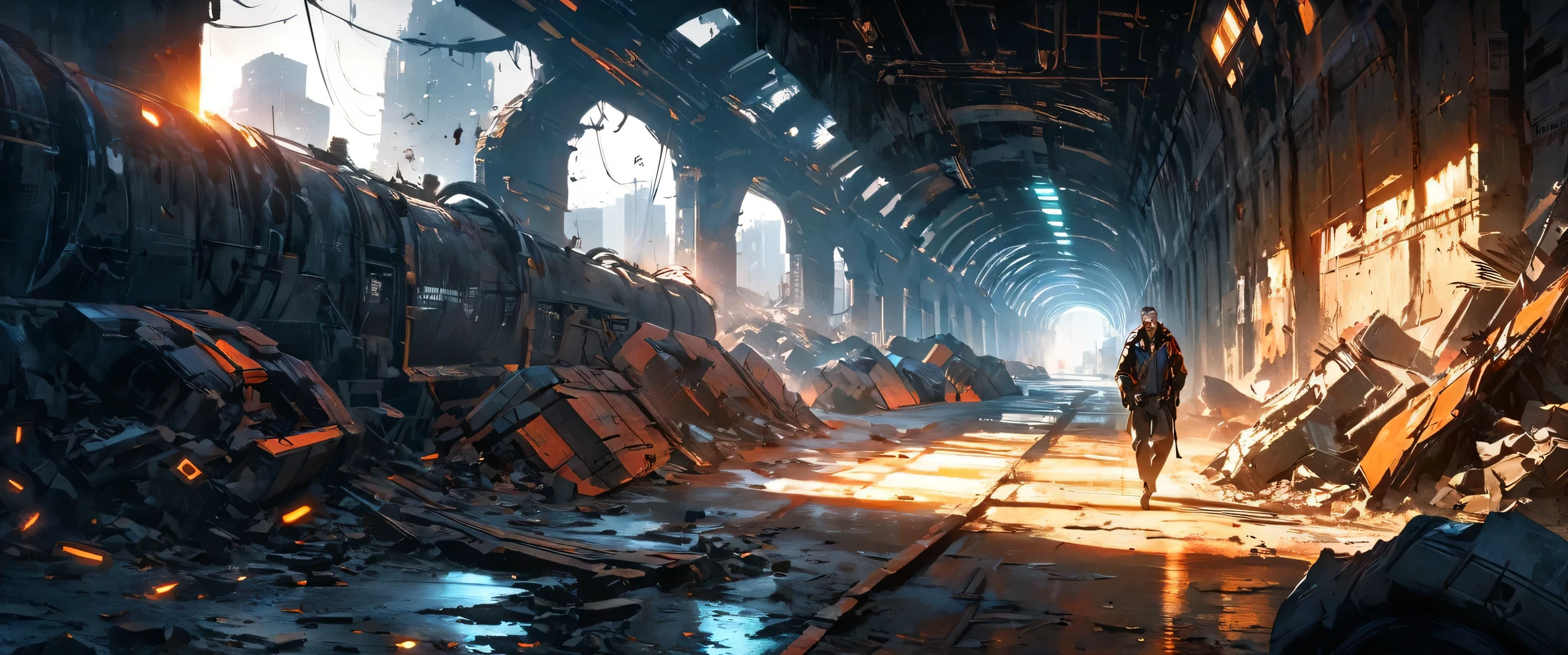 Create a Cyberpunk middle-aged man with a pale face and long dark hair who walks quickly in the foreground with his head up. A chain with a pendant hangs on his chest. He has shoes on his feet. Scene: Sci-fi futuristic scene, long old damaged subway tunel with damaged vault, with lot industrial pipework, massive orange industrial pipes snake through the architecture, while debris and rubble litter the ground. Misty blue atmospheric haze fills the distant spaces between damaged high rise futuristic buildings and add dramatic lighting. Style: Painted with strong colors combined with an ink line drawing with thicker and thinner black lines. Bold color contrasts between warm oranges and cool teals create atmospheric depth. Use a deep and strong blue colors for shadows.Textured brushwork adds gritty detail to the industrial elements while maintaining a painterly quality. Atmospheric perspective, industrial decay, complementary contrast, cell shader and painted anime.
