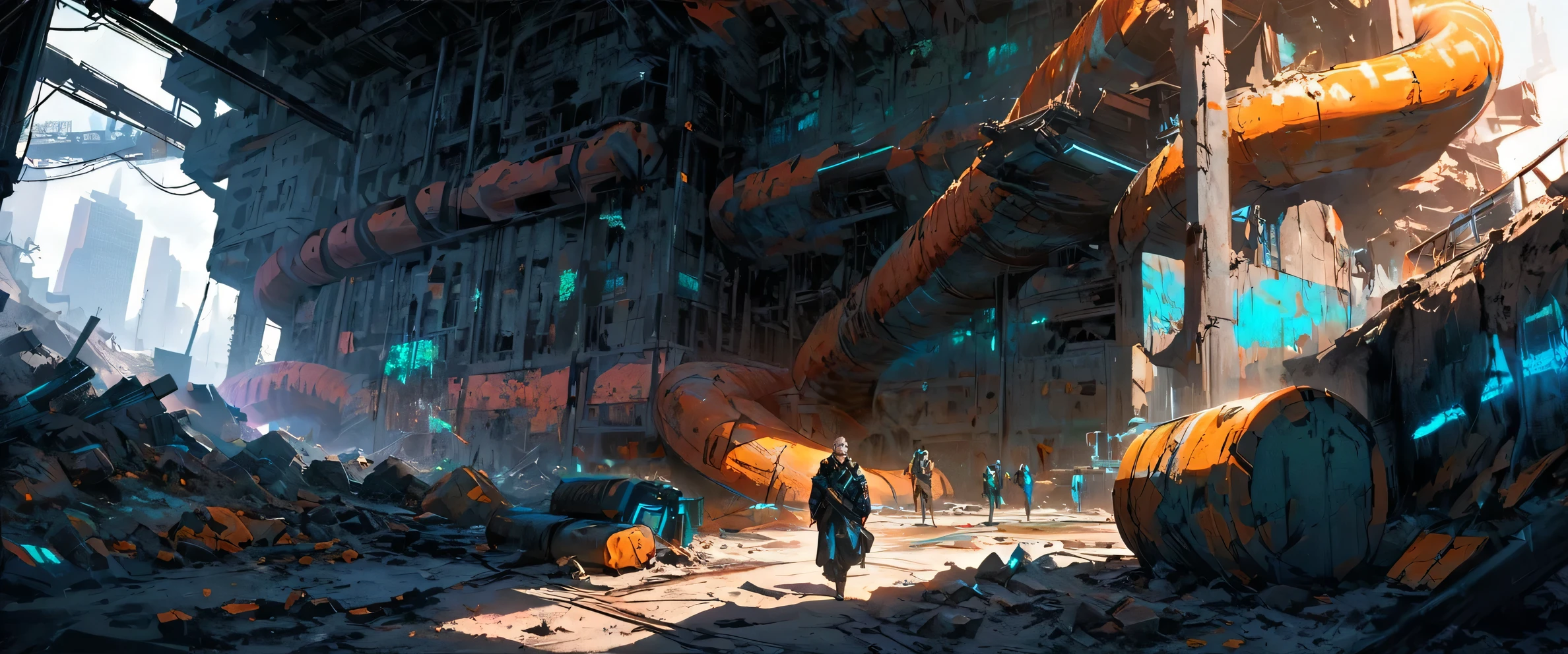 Create a Cyberpunk middle-aged man with a pale face and long dark hair who walks quickly in the foreground with his head up. A chain with a pendant hangs on his chest. He has shoes on his feet. Scene: Sci-fi futuristic scene, long old damaged subway tunel with damaged vault, with lot industrial pipework, massive orange industrial pipes snake through the architecture, while debris and rubble litter the ground. Misty blue atmospheric haze fills the distant spaces between damaged high rise futuristic buildings and add dramatic lighting. Style: Painted with strong colors combined with an ink line drawing with thicker and thinner black lines. Bold color contrasts between warm oranges and cool teals create atmospheric depth. Use a deep and strong blue colors for shadows.Textured brushwork adds gritty detail to the industrial elements while maintaining a painterly quality. Atmospheric perspective, industrial decay, complementary contrast, cell shader and painted anime.