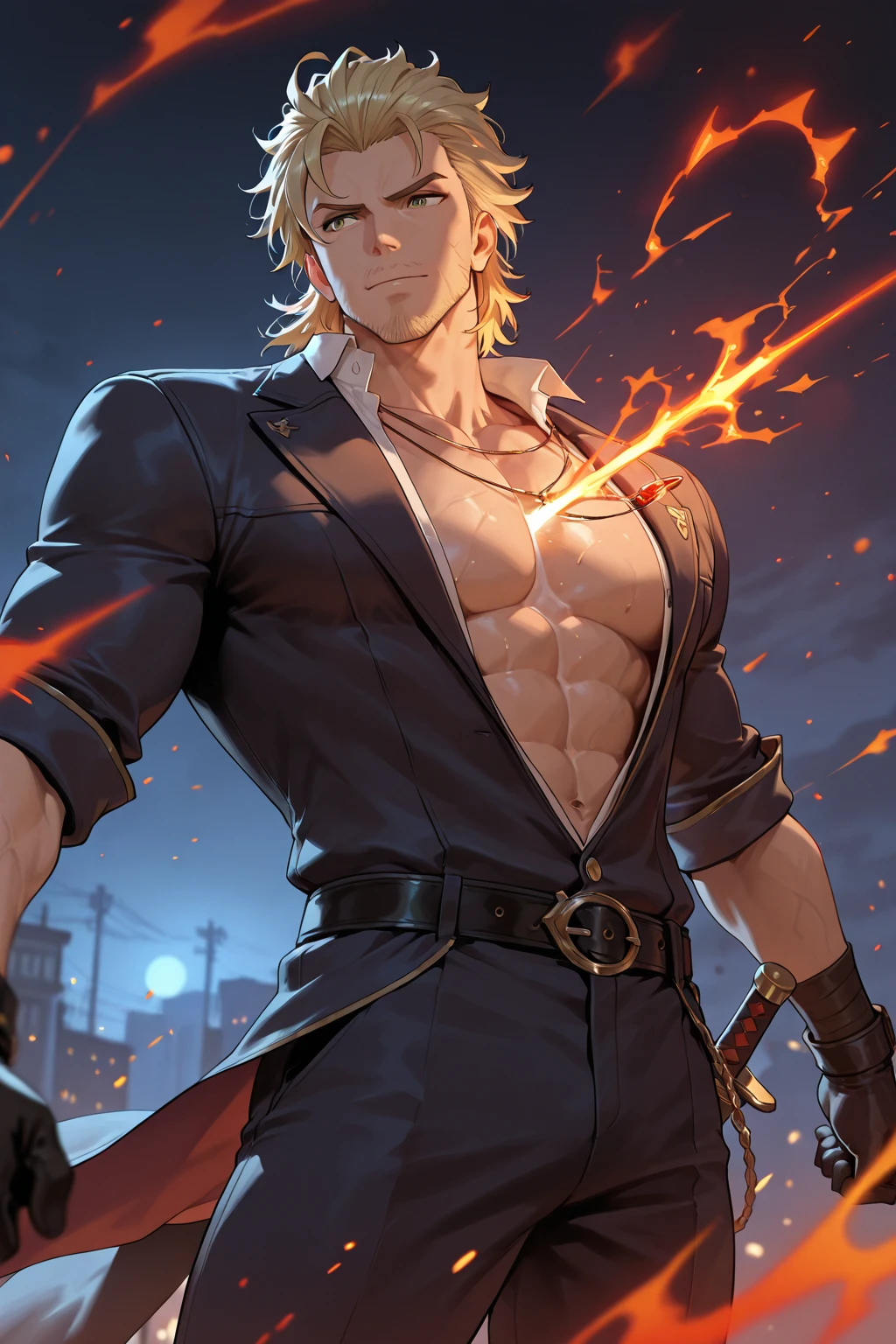 Handsome man, black hair, very short hair, ((crew cut: 1)), golden eyes, fair skin, ((muscular: 1)), man, 50 years old, muscular, in good shape, muscular. , gold details, baggy gray pants, black and brown belts, black boots, lots of belts, paladin, patriarch, flying feathers, angel transformation, elemental power of light, power of life.

￼



